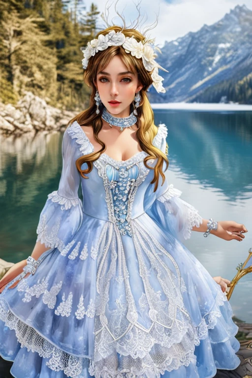 (masterpiece, best quality:1.2),illustration,8k,hd,1 girl,very long hair,solo,(collarbone:1.2),looking at viewer,
Diana,blue dress,jewelry,earrings,lace,lace trim,hair ornament,choker,long sleeves,((cleavage)),big breasts,outdoors,(day, lake:1.5),extremely detailed dress,crystalstexture skin,front view,<lora:dandyg XL:1.5>,