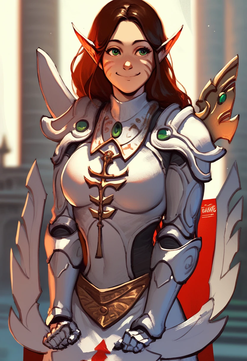 score_9, score_8, score_7, 1girl, 

farseermacha, long hair, long pointy ears, brown hair, whisker markings, green eyes, white armor, shoulder armor, light smile, gauntlets, cowboy shot, 

masterpiece, best quality, temple, 