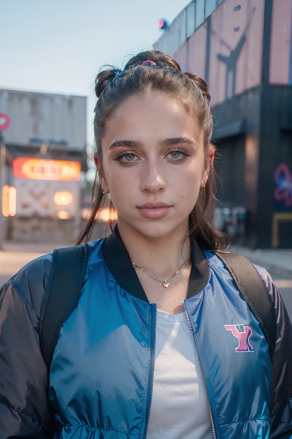 a ((portrait, upper body focus)) photograph of (1girl, 21 years old, slight smile, <lora:ZH_TateMcRae_v1SD15:0.9>, zh_tmcrae, solo, long hair, realistic, brown hair, looking at viewer, brown eyes, make up, hair updo) wearing (bomber jacket, top, leggings)