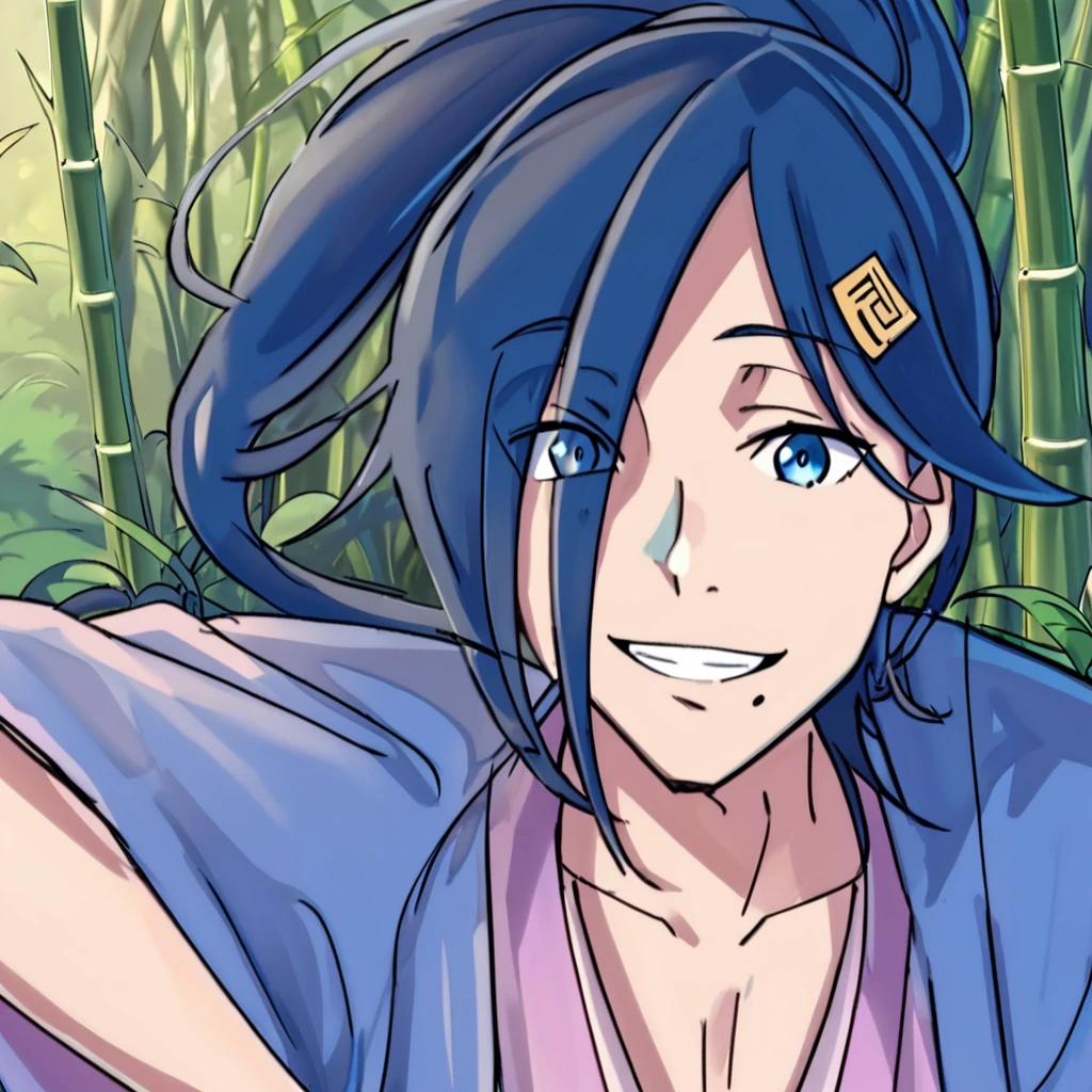 <lora:CecilusSegmunt:1>, cecilus, youthful man, blue eyes, playful and relaxed aura, long dark blue hair, messy ponytail, strands of long hair, obscured right eye, noticeable mole below mouth, subdued peach pink kimono, purple mist like pattern, bright blue haori, white diamond shaped patterns, wooden zori sandals, white sash, two blades, in a jungle, with bamboo plants, and vines on jungle trees