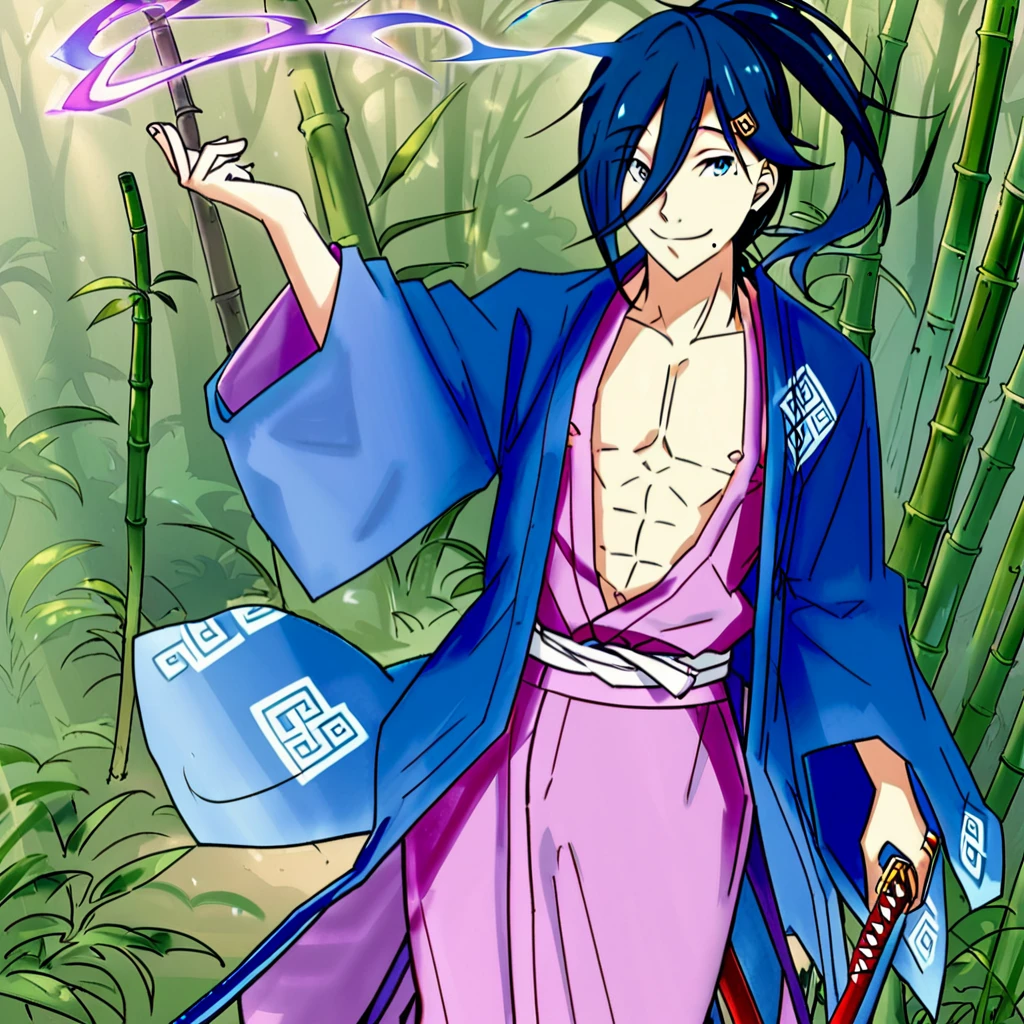 <lora:CecilusSegmunt:1>, cecilus, youthful man, blue eyes, playful and relaxed aura, long dark blue hair, messy ponytail, strands of long hair, obscured right eye, noticeable mole below mouth, subdued peach pink kimono, purple mist like pattern, bright blue haori, white diamond shaped patterns, wooden zori sandals, white sash, two blades, in a jungle, with bamboo plants, and vines on jungle trees, full body, looks at viewer