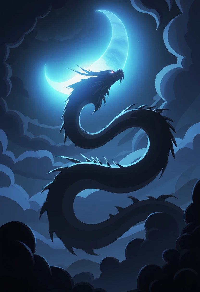 The image portrays a mystical, dark scene set in a full of cloudy, nighttime sky, featuring a large, serpentine dragon coiled around a luminous crescent moon. The dragon's body is long and sinuous, with dark, jagged scales that create a stark contrast against the bright, glowing moon. Its head is adorned with a crown of sharp, angular horns, and it gazes down with a menacing yet majestic presence. The moon, radiating an ethereal blue light, appears almost crystalline, casting an otherworldly glow on the surrounding clouds, which are illuminated in varying shades of deep blue and black. The overall composition has a surreal, dreamlike quality, combining elements of fantasy and celestial imagery. The artwork is rich in detail, with the clouds rendered in a soft, billowing texture, while the dragon and moon feature sharp, defined lines and highlights, enhancing the mystical atmosphere of the piece. <lora:tw1l1g0dsstyl3v4:1>