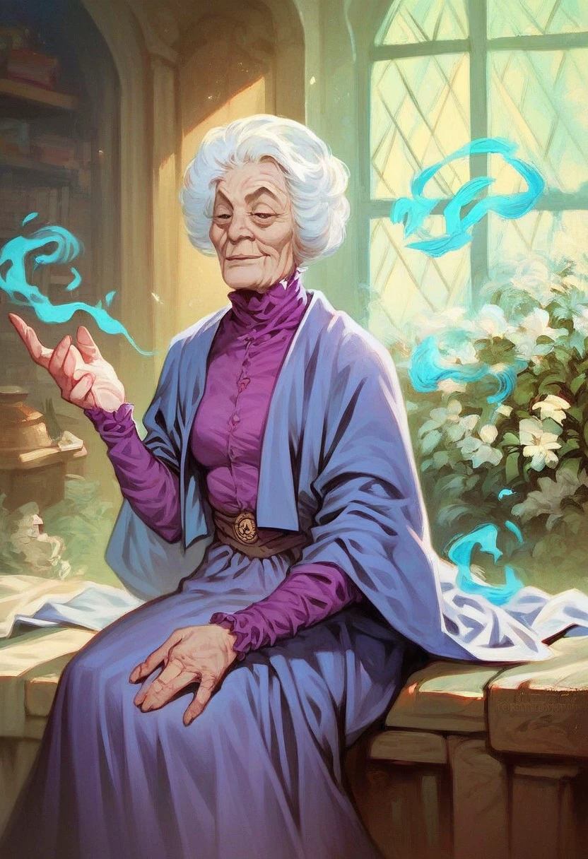 Score_9_up, score_8_up, score_7_up, score_6_up, 1girl, solo, agatha_H, old woman, white hair, purple dress, sitting in an old mansion, gentle smile, magic, (realistic), (painted art)