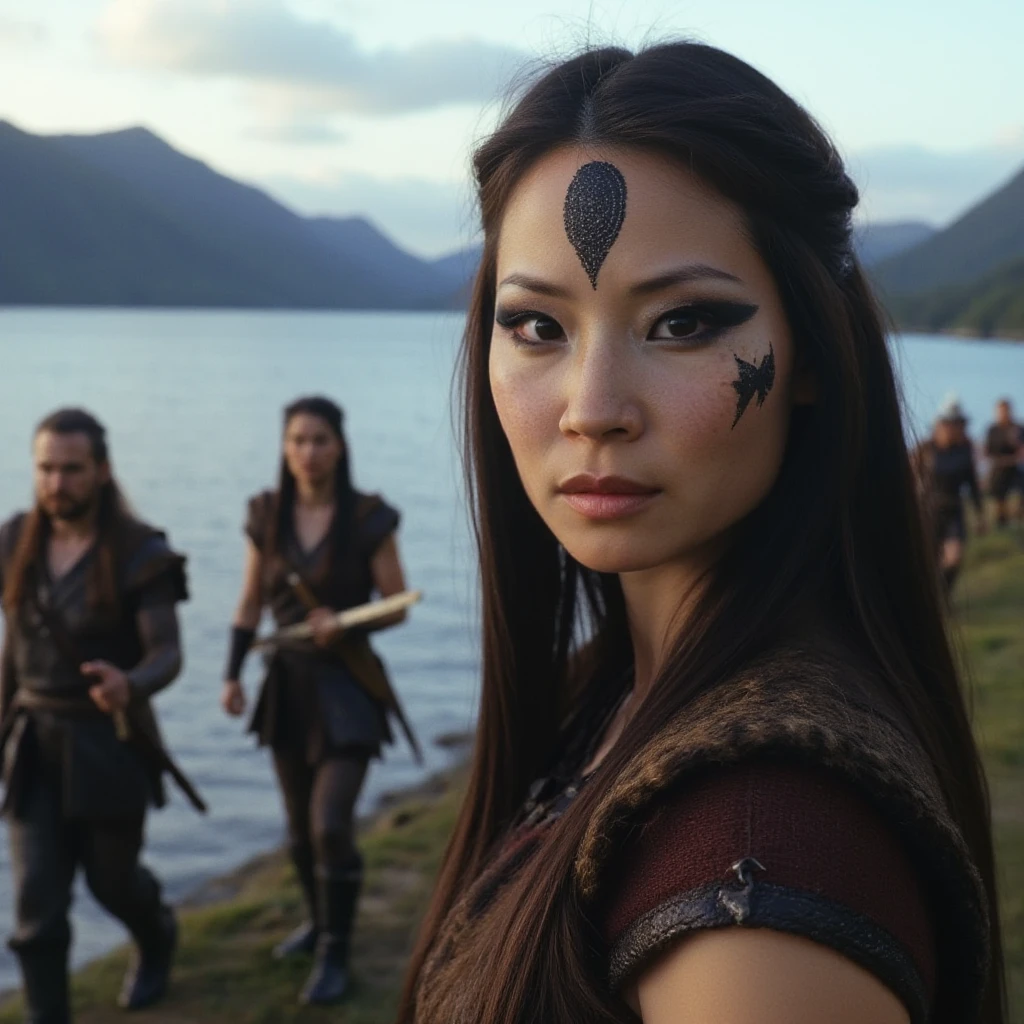 Instagram selfie of a nordic viking warrior princess with black warpaint under her eyes. There is a beautiful norwegian fjord in the background and other viking troops walking past her. She looks fierce and beautiful yet calm. ,<lora:lucyliu_1990s_local_flux_1_standard-000039:1>