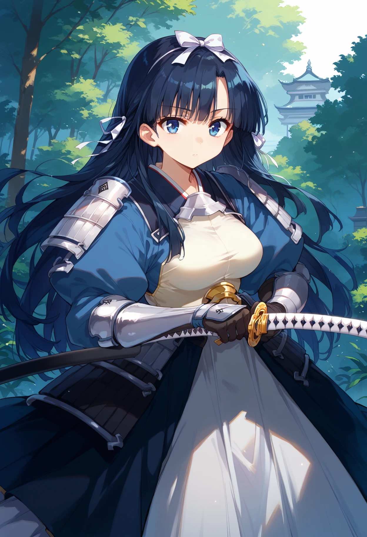 score_9, score_8_up, score_7_up, source anime, uesugi kenshin, 1girl, solo, long hair, black hair, hair ribbon, blue eyes, sode, kusazuri, gauntlets, armored dress, large breasts, holding katana, <lora:uesugi_kenshin-xl-pony-v1-000005:1>