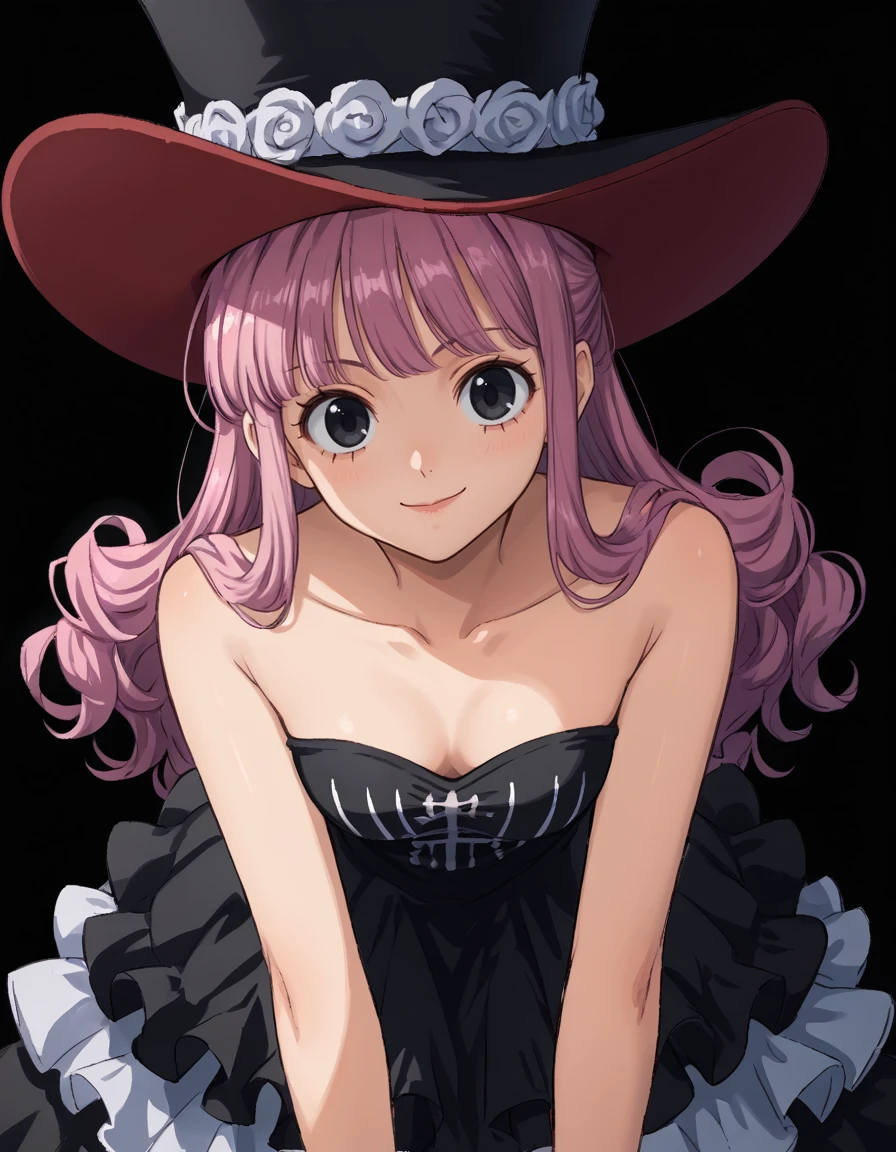 <lora:Perona:1>per0na
1girl, solo, t1mesk1p, black frilled strapless dress, hat
front view, smile, bending over, looking at viewer
simple black background