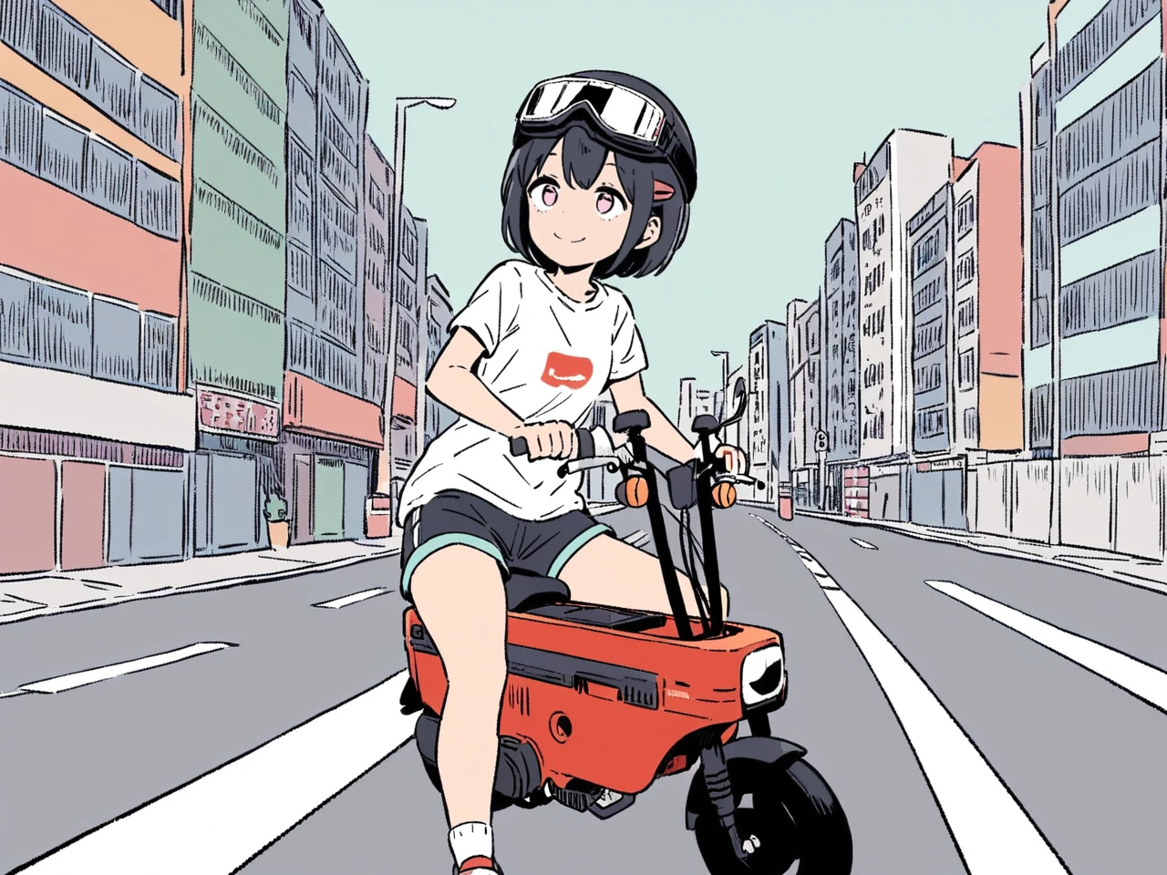 best quality, very aesthetic, absurdres, high resolution, ultra detailed, detail,
1girl, young girl, round face, down-turned eyes, very short hair, small breast, hair clip on front, smile,
black helmet with goggle, white graphic t-shirt, short pants, socks, shoes, random pose, 
riding red body motocompo,
outdoors, road, urban city,
shot from afar, wide shot, pastel colors, flat color,
mas motocompo, <lora:motocompo_red_anmg31_sdxl_r2:1>,