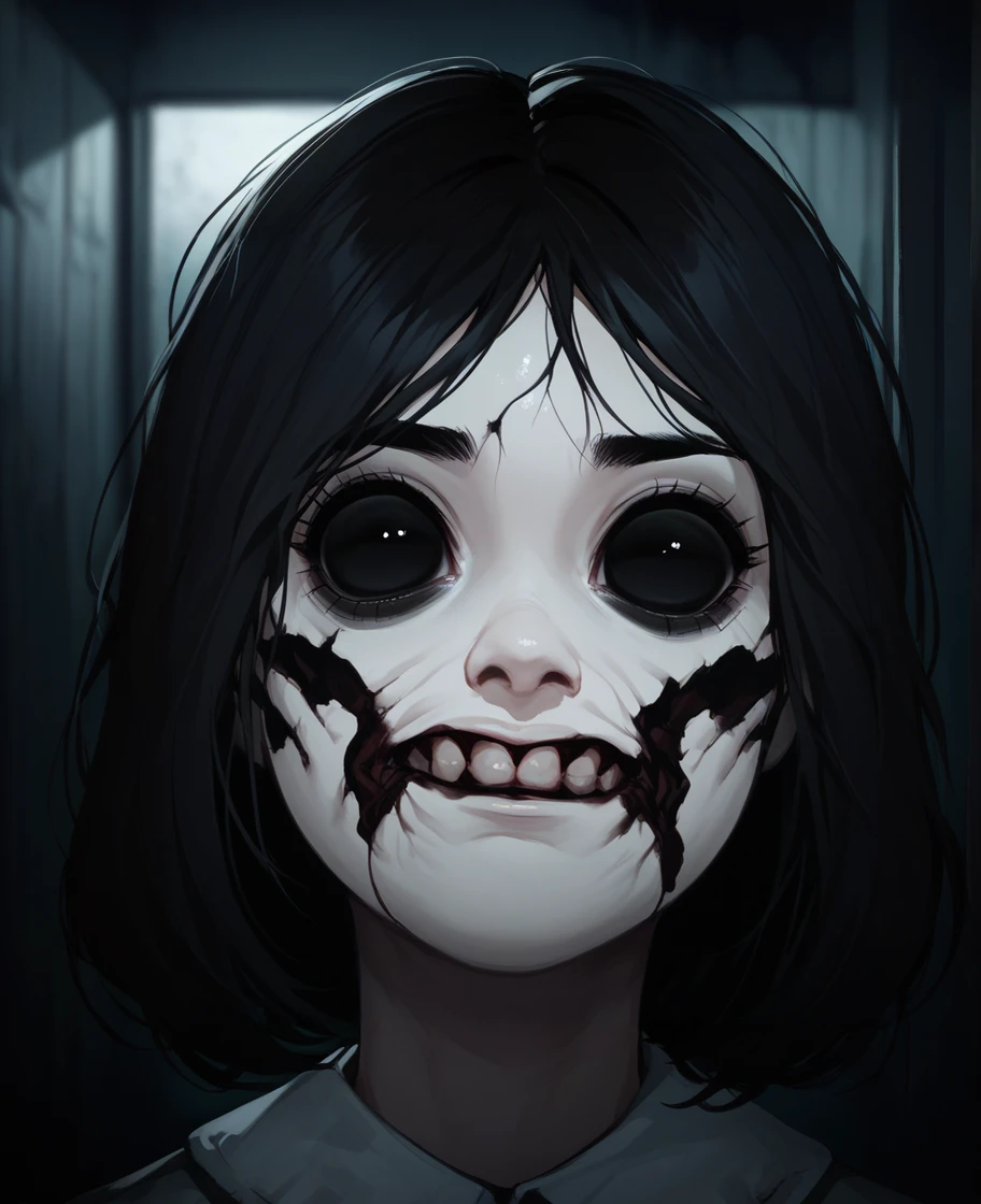 score_9,score_8_up,score_7_up,score_6_up,
agathaxl,black hair,black eyes,looking at viewer,sad,facial mark, clenched teeth, 
horror \(theme\),upper body,
school,dark corners,night,indoors,
<lora:agathaxl:1>,