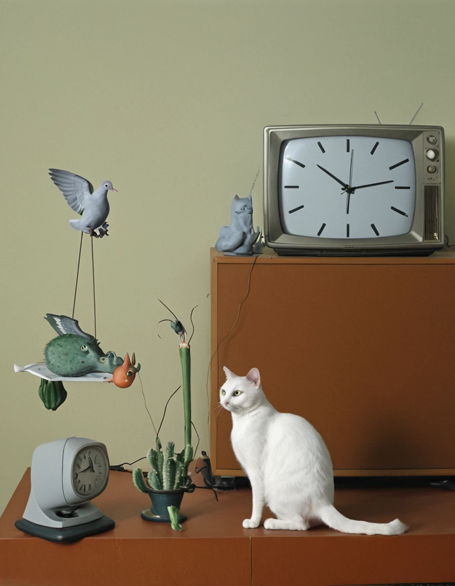 cat, dove, television set, catcus, clock,  <lora:Yves_Tanguy_Style:1.0>tanguy