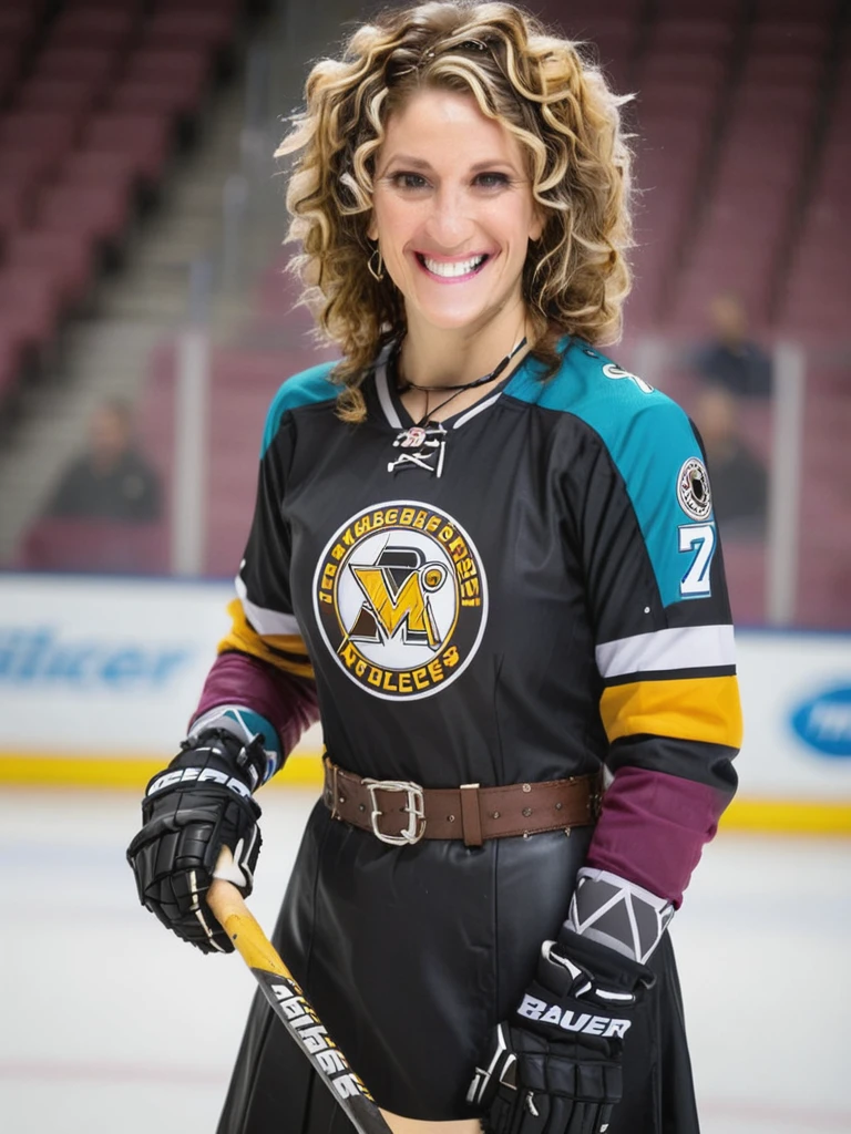 a professional absurdres sharp focus intricately detailed full torso photograph of the beautiful Ellen_Sandweiss,
with a snarky smile and a swirly-colored hairstyle,
wearing a Wheeling Nailers hockey uniform with a floor-length leather dress and holding a Bauer hockey stick,
 <lora:Ellen_Sandweiss-SDXLe15:1>