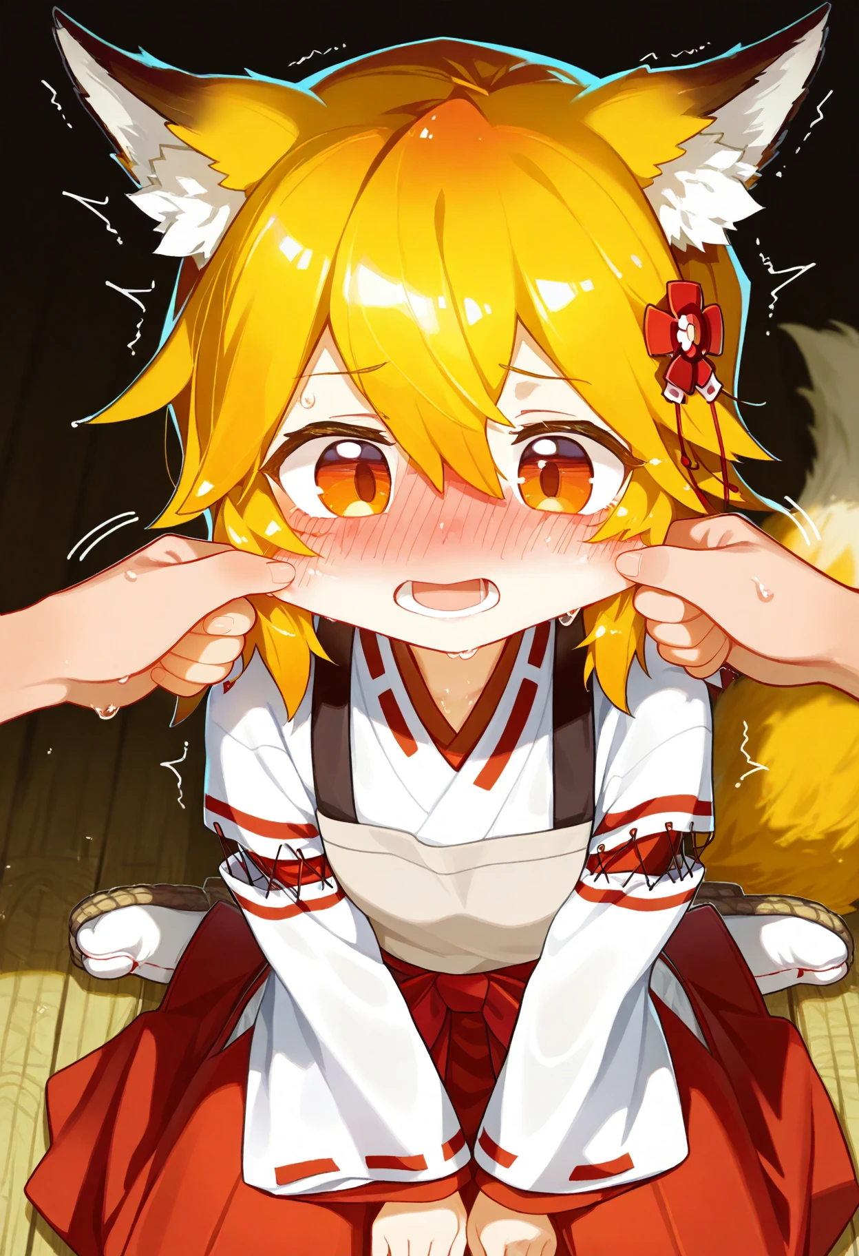 masterpiece, best quality,
senko \(sewayaki kitsune no senko-san\), (pinching:1.2), blush, 1girl, blonde hair, cheek pinching, trembling, open mouth, orange eyes, solo focus, sitting, sweat, miko, japanese clothes, ribbon mesh sleeves, lower teeth only, long sleeves, from above, wariza, cheek pull, full-face blush, animal ears, fox ears, fox tail, hair ornament, hair flower, orange hair, short hair,
<lora:antifreez3_illustrious_v1:1>