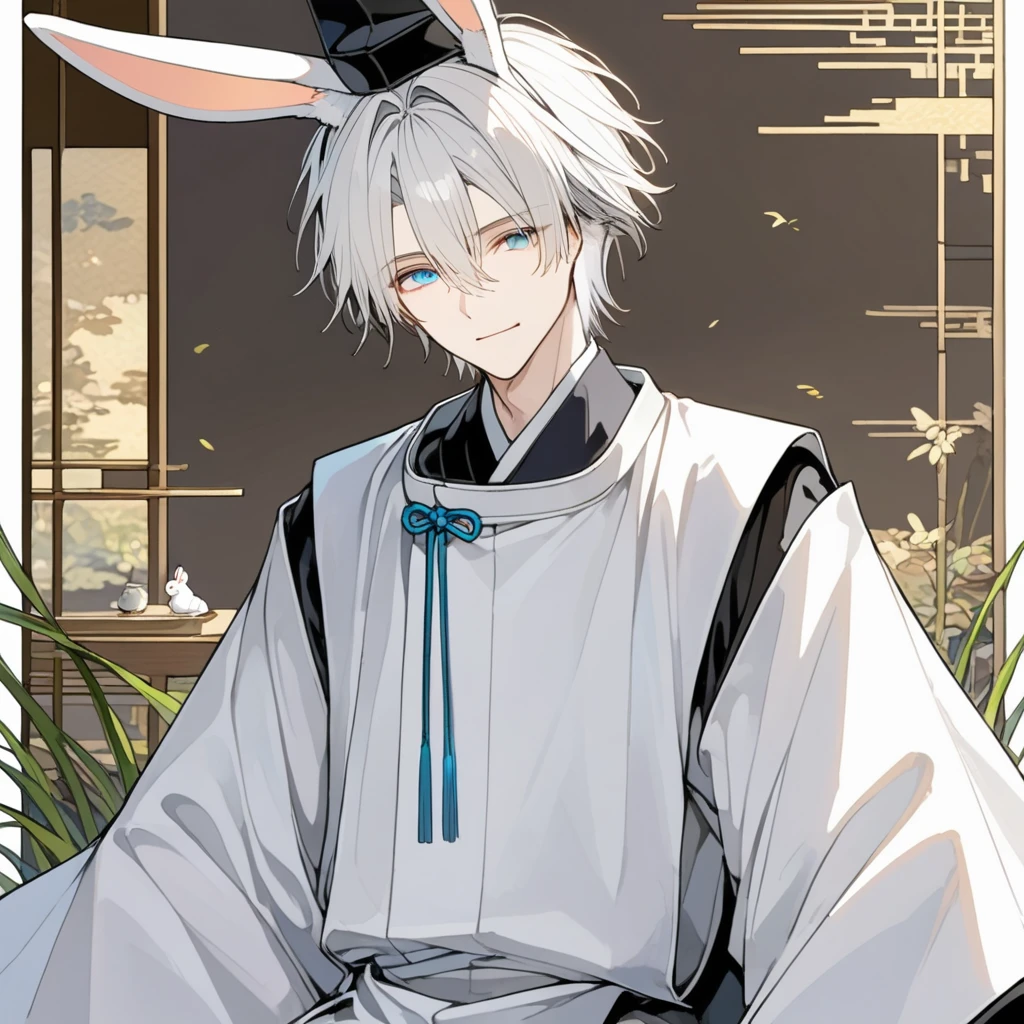 1boy, male, beautiful face. blue eyes. silver hair. short hair.
white rabbit ear. うさ耳. 平安. 和風. 平安衣装. heian.
white kariginu, (eboshi, ebosi, 烏帽子:1.4), 狩衣.
best quality. highly detailed,
<lora:LCM_LoRA_Weights:0.3>
<lora:loha_suikan_anipen50_sdxl:0.8>