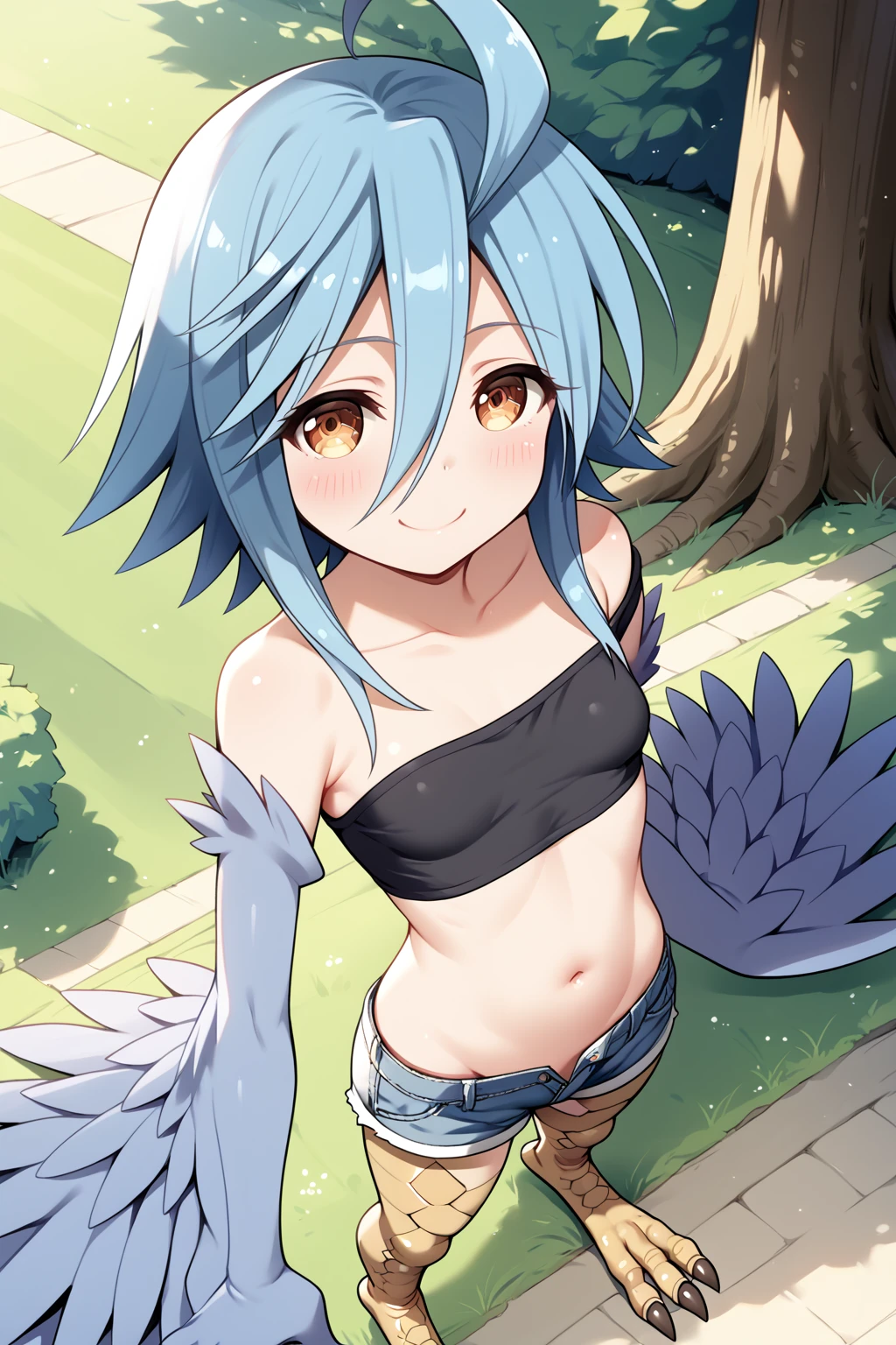 score_9, score_8_up, score_7_up, solo, 1girl, mmpapi, papi \(monster musume\),  monster girl, blue hair, ahoge, feathered wings, winged arms, talons,<lora:Papi_MonMusu_r1:0.9> , <lora:Winged_Arms:0.3> wingarms, small breasts, petite body, park, grass, tree, path,
oversized clothes, loose clothes, black tube top, navel, jeans shorts,
(smile, ),
solo, Standing, from above, looking at viewer, disgust, frown, arms at sides, blush