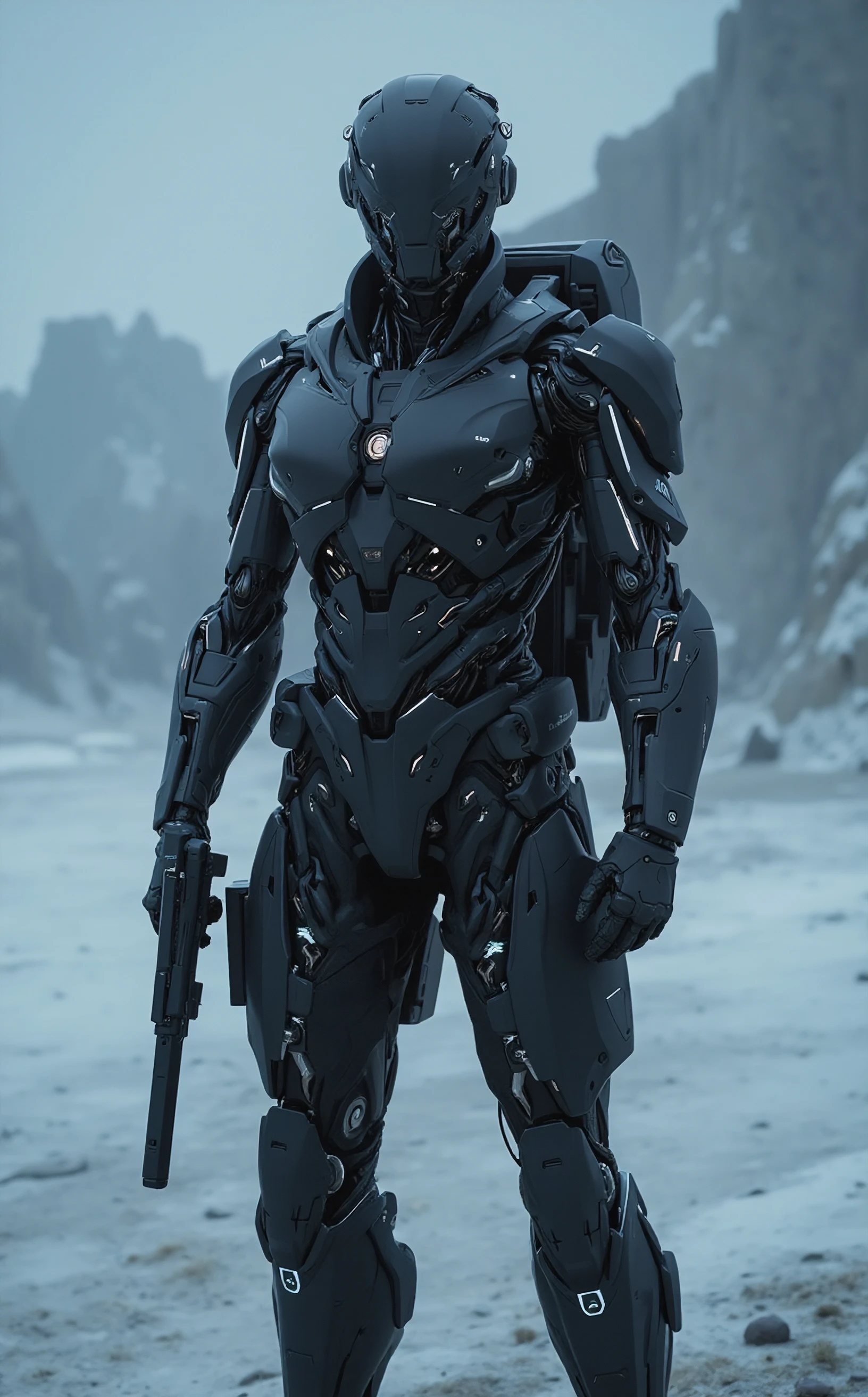 TacExoGear, Exosuit, Tactical, Futuristic, (off-center composition, dynamic left aligned composition), male, strong, muscular look, Photon-Fiber Stealth Suit: A high-tech bodysuit that uses photon-fiber fabric for near-invisibility in low light. The suit’s surface is adorned with faint, glowing geometric patterns that pulse with energy, indicating the suit's cloaking systems are active. Segmented titanium-infused panels on the chest and arms provide protection while maintaining sleekness. The suit is enhanced with a built-in energy shield on the forearms for defense against energy weapons., Dark Mistress in Cyberpunk Exosuit, In a Snow and Ice Storm: The harsh winds whip through a landscape of metallic ice, sharp as blades, reflecting the occasional burst of neon lights from distant outposts. The suit’s HUD flickers from interference, and through the storm, you glimpse the silhouette of a towering energy shield, struggling to hold against the freezing elements., cinematic film still cybernetic robot  . android, AI, machine, metal, wires, tech, futuristic, highly detailed . shallow depth of field, vignette, highly detailed, high budget, bokeh, cinemascope, moody, epic, gorgeous, film grain, grainy