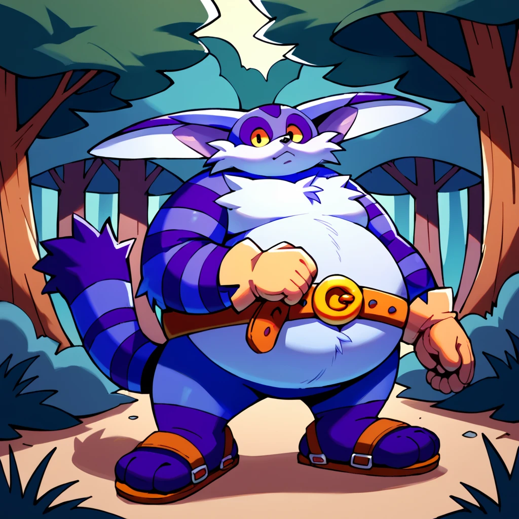 score_9, score_8_up, score_7_up, score_6_up, score_5_up, score_4_up, source_cartoon,  <lora:Big_The_Cat_V2_Sonic_The_Hedgehog_PonyXL:1> big the cat, big, cat, furry, fat, obese, purple skin, white fluffy belly, yellow sclera, long ears, stripey arms, stripey tail, gloves, belt, sandals, three toes, purple feet, wandering in the forest, looking at viewer, forest background