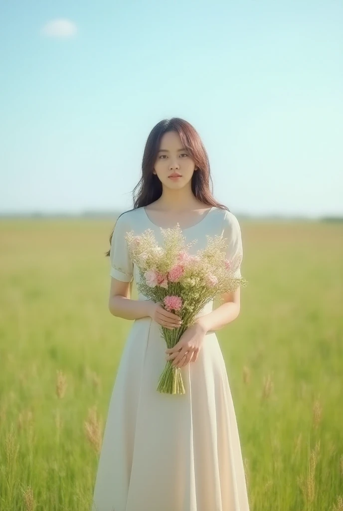 <lora:Kim_Sohyun_Flux:1> $0hyun, masterpiece, best quality, a korean woman in a dress holding a bouquet of flowers in a field of grass with a sky background and a field of tall grass, portrait photography, a portrait, romanticism