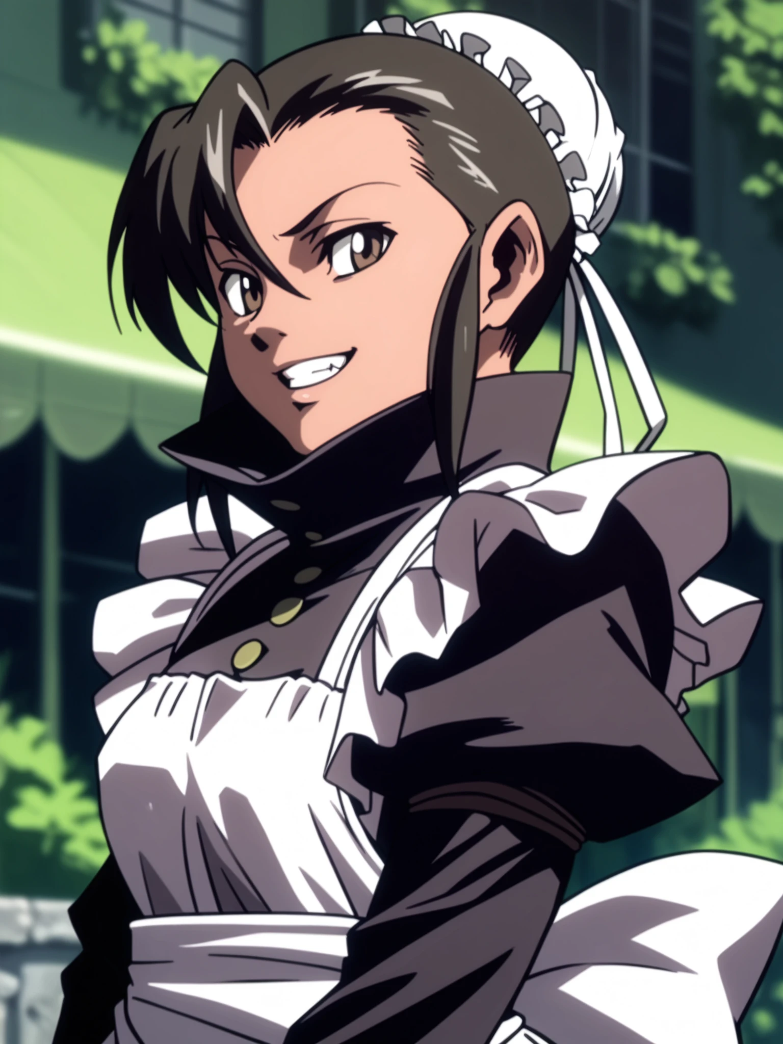 <lora:happy_tentacle-fabiola-v0.2-000026:1>, ht_fabiola, maid, waist apron, long sleeves, single hair bun, bun cover, high collar, white gloves, juliet sleeves, outdoors , 1girl, solo, portrait , , ( evil smile, teeth :1.1), , , standing , from side , score_9, score_8_up, score_7_up, score_6_up, score_5_up, score_4_up