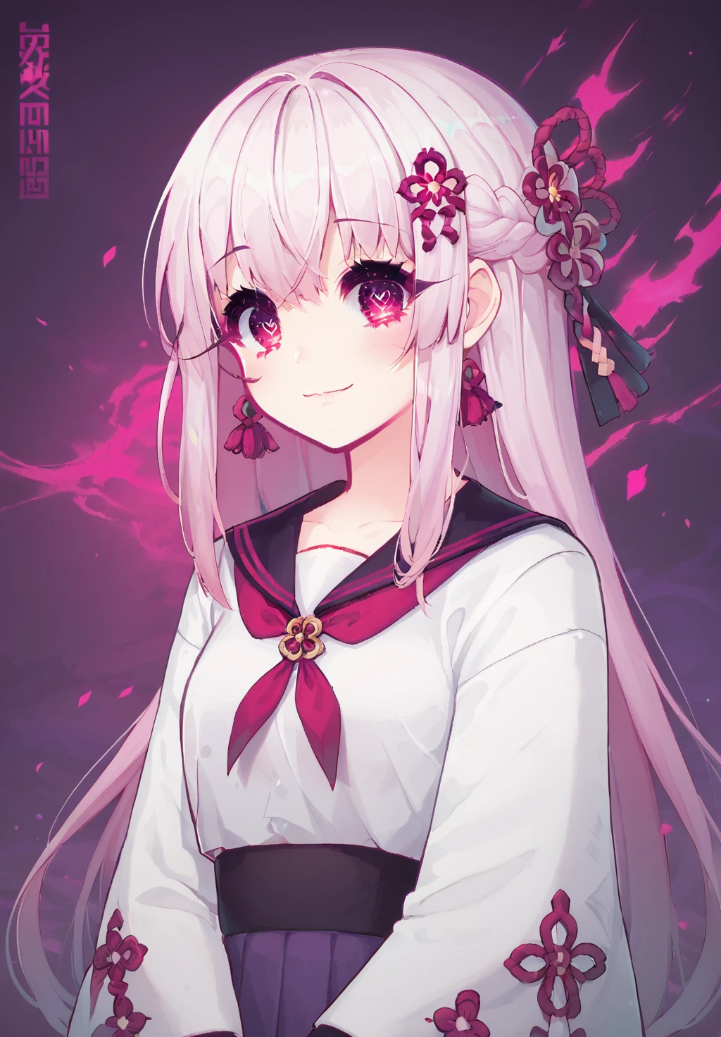 score_9, score_8_up, score_7_up, source_anime, 1girl, solo,long hair, white hair, pink hair, multicolored hair, braid, pink eyes, japanese clothes, school uniform,glowing eyes, evil smile, evil looking, detailed, open mout, glowing eyes, yandere, pose, hearts, heart-shaped pupils, cute, wide open eyes, purple theme, <lora:Geoxors_Covers_Art_Style:0.9>,  <lora:Amamiya_Mirei_-_Solo_Leveling_ARISE_hunter_Pony:0.5>