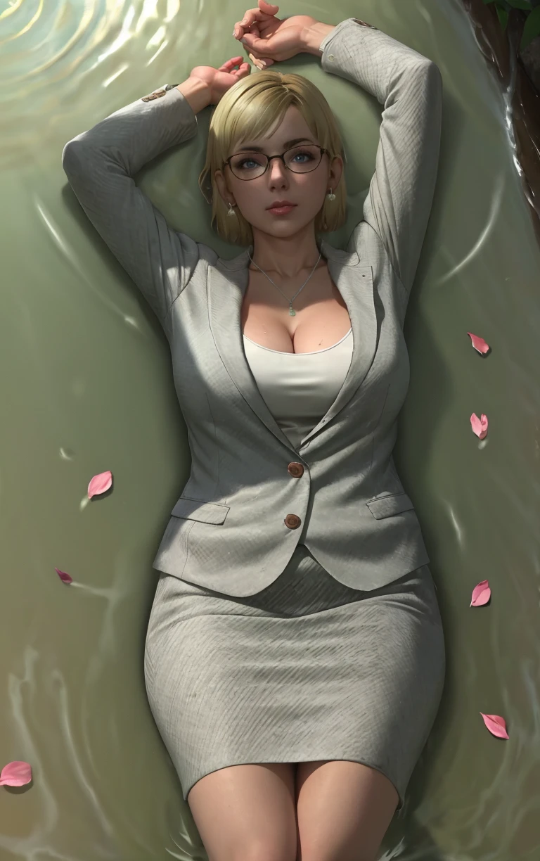 (masterpiece, best quality:1.4), insaneres, absurdres, solo, looking at viewer,BREAK 
Human_JessicaMcCarney_ownwaifu, 
1girl, black-framed eyewear, blonde hair, earrings, short hair, jewelry, glasses, lips, necklace, blue eyes, large breasts, nose, makeup, collarbone, white shirt,
cleavage, formal, skirt suit, suit, pencil skirt, long sleeves, office lady, shirt, striped, grey jacket, 
(arms up, partially submerged, lying, full body), petals on liquid, caustics, wet, looking at viewer, dappled sunlight,  outdoors,<lora:BASED_DeadRising_JessicaMcCarney_ownwaifu:0.6>, depth of field