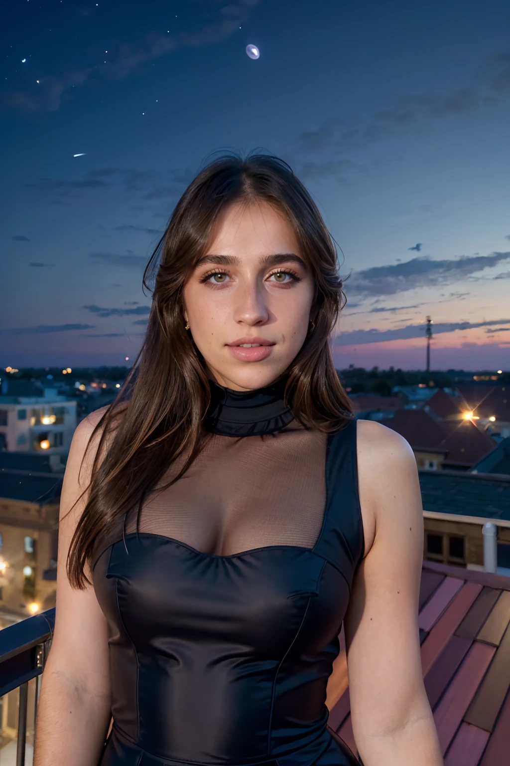 a (portrait) photograph of (1girl, 21 years old, slight smile, <lora:ZH_TateMcRae_v1SD15:0.9>, zh_tmcrae, solo, long hair, realistic, brown hair, looking at viewer, brown eyes, make up) wearing (sleeveless turtleneck dress, sheer sides)