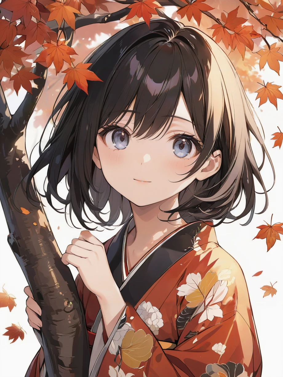 masterpiece,ultra-detailed,best quality,8K,illustration,cute face,clean skin ,shiny hair,girl,ultra-detailed-eyes,simple background, <lora:add-detail-xl:1>  <lora:kouyou_XL_V1.0:0.8> autumn leaves,tree,kimono