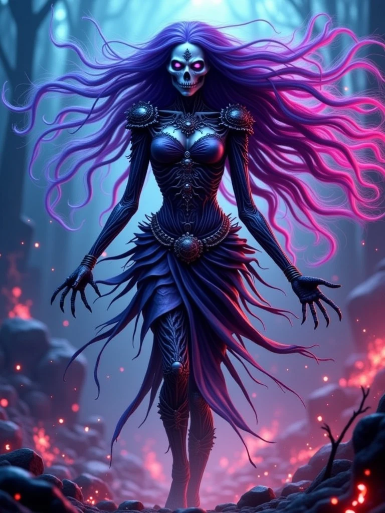 a ferocious undead banshee floating in mid air and dancing while the world below is scared seeing her, she has long wavy hair, colors blue, purple, pink and red, 8k, hd, ultrarealistic