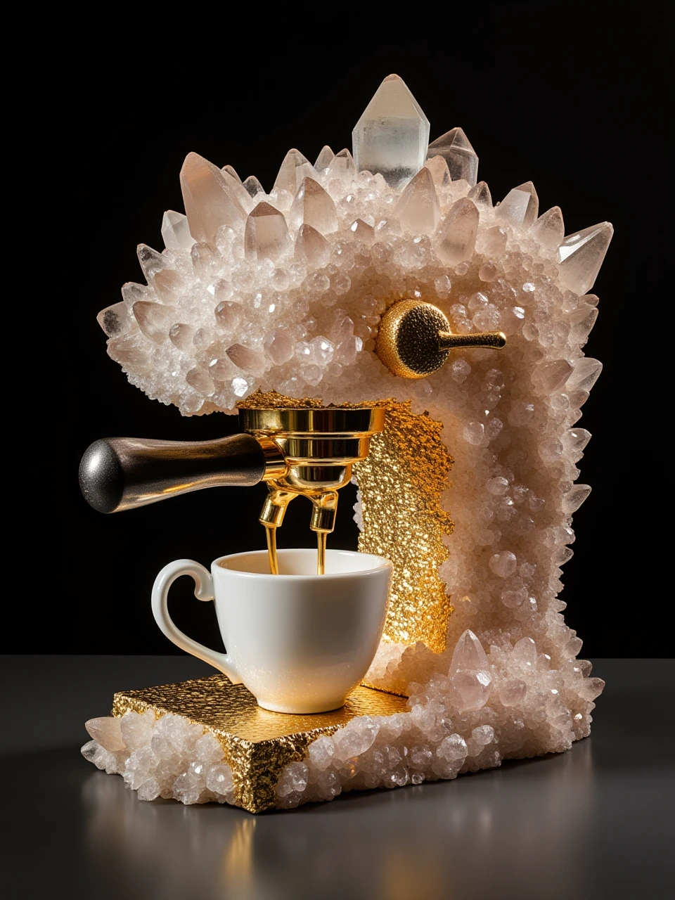 a commercial Espresso machine made up of crystal and goldleaf,making a cup of coffee