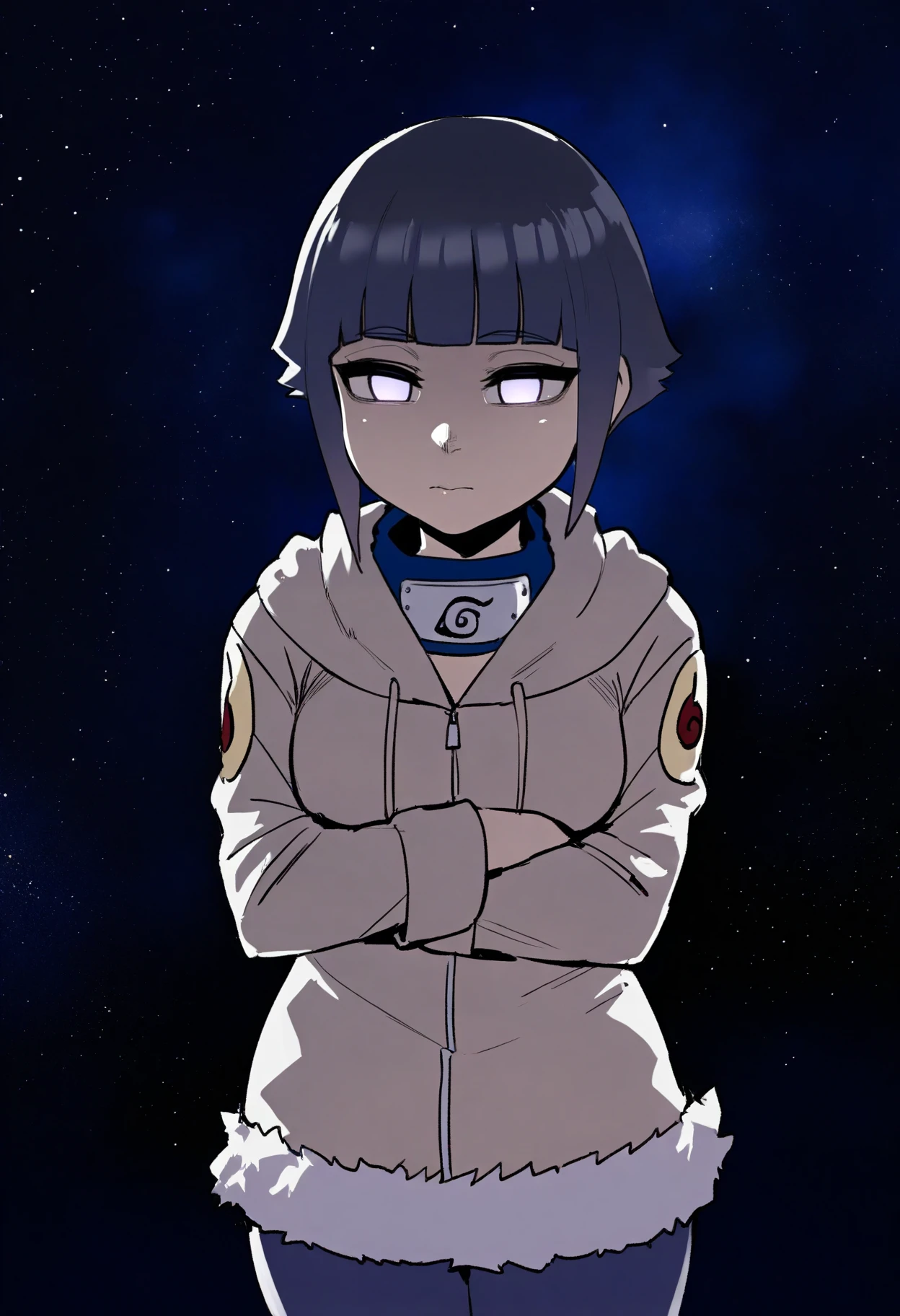 (artist:asanagi:1.2),artist:krekkov, (artist:nyantcha:0.9),
(black background, dark, galaxy background:1.5),
masterpiece, best quality, very aesthetic, absurdres BREAK
1girl, hyuuga hinata, short hair, black hair, no pupils, blunt bangs, shiny hair, white eyes, forehead protector, konohagakure symbol,
hoodie, hood down, long sleeves, capri pants, <lora:HinataGeninIllustriousXL_byKonan:1>