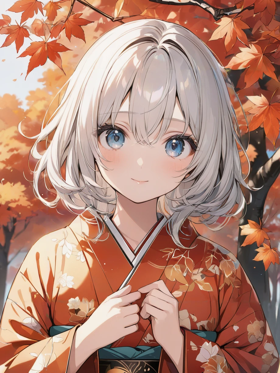 masterpiece,ultra-detailed,best quality,8K,illustration,cute face,clean skin ,shiny hair,girl,ultra-detailed-eyes,simple background, <lora:add-detail-xl:1>  <lora:kouyou_XL_V1.0:0.8> autumn leaves,tree,kimono