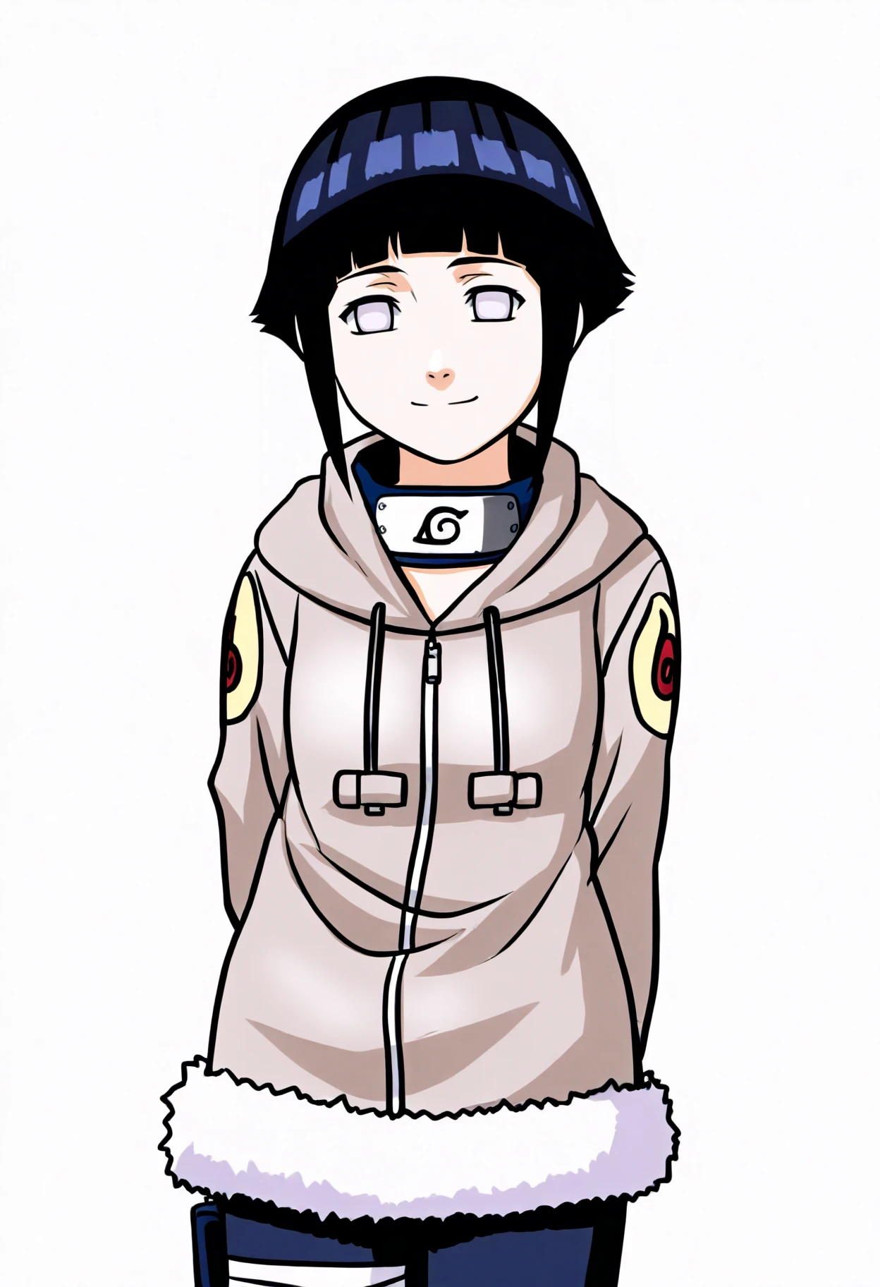 masterpiece, best quality, very aesthetic, absurdres BREAK
1girl, hyuuga hinata, short hair, black hair, no pupils, blunt bangs, shiny hair, white eyes, forehead protector, konohagakure symbol,
hoodie, hood down, long sleeves, capri pants,
hands behind back, smile,
upper body, looking at viewer, solo, simple background, white background    <lora:HinataGeninIllustriousXL_byKonan:1>