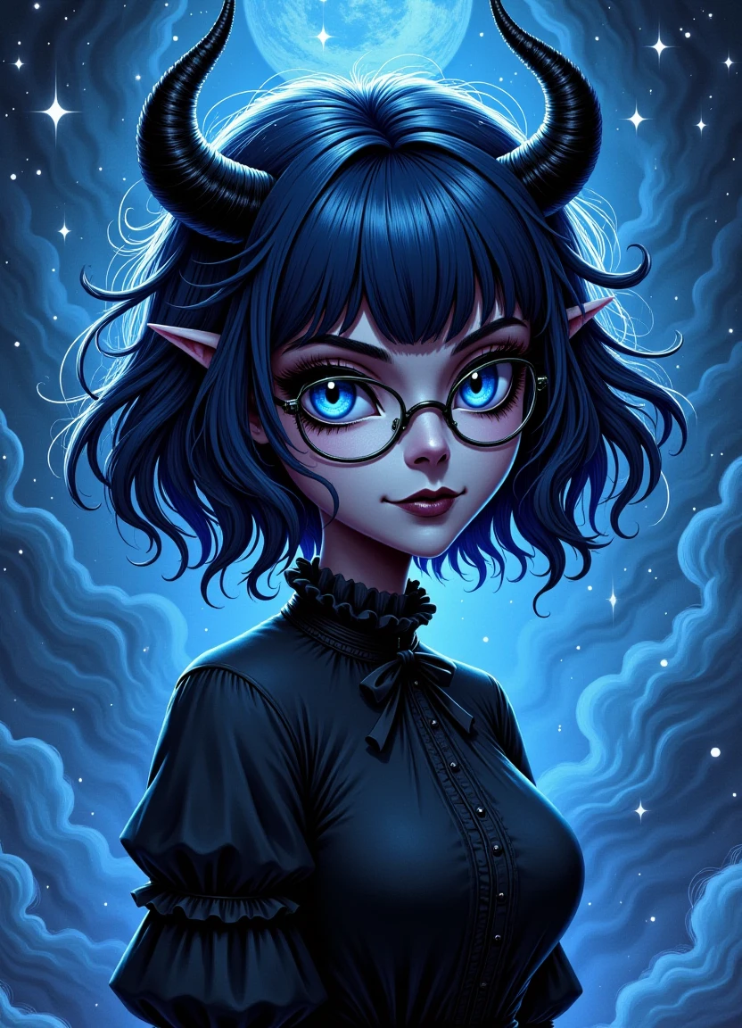 A mysterious and enchanting being stands amidst swirling cosmic dust, with a short, wavy mane of midnight blue hair that seems to shift and shimmer like the stars themselves. A pair of glasses perches on the end of her nose, giving her an air of quiet intelligence, while two gleaming horns protrude from her forehead, as if attuned to some celestial frequency. Her smile is a subtle, enigmatic thing, hinting at secrets known only to herself.