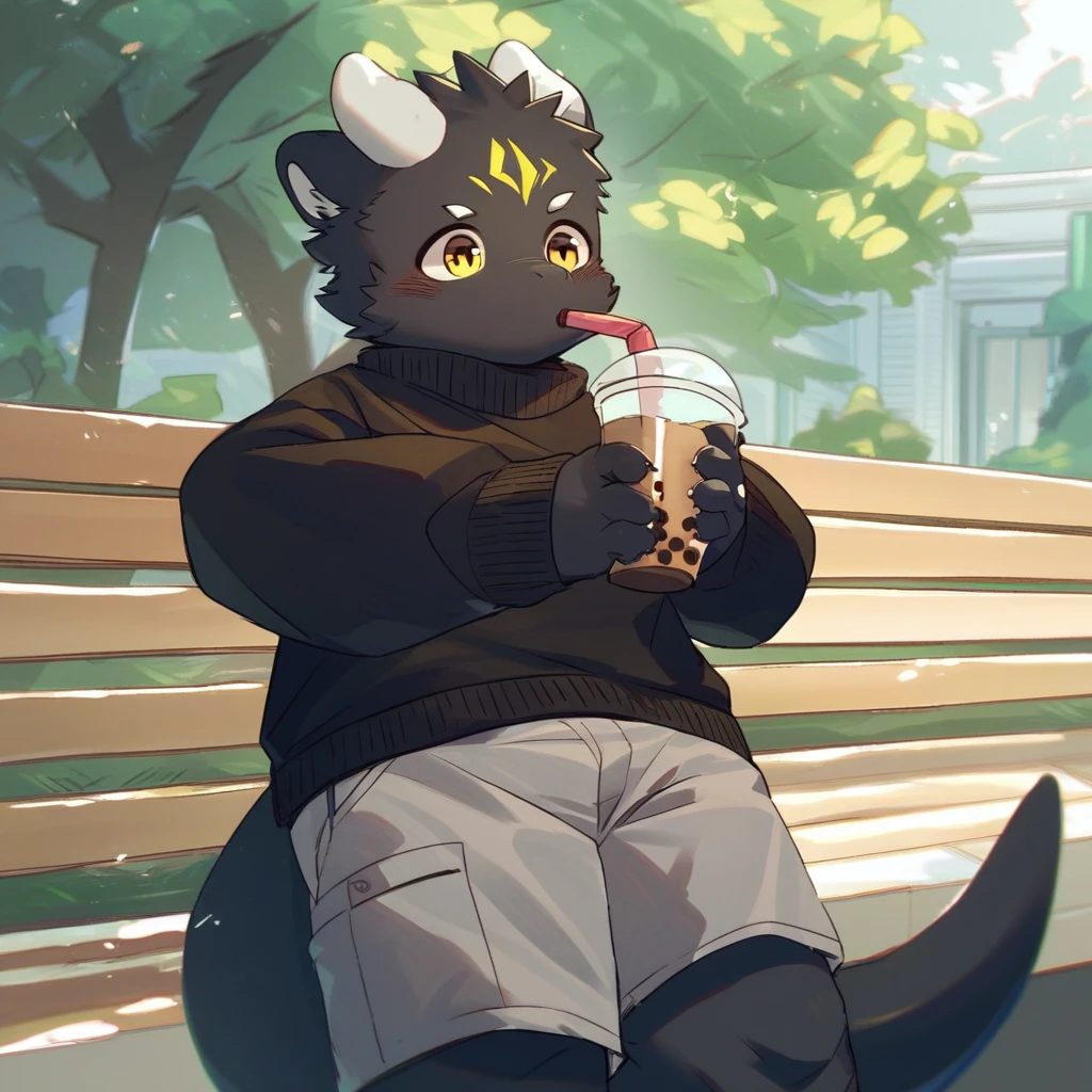 score_9_up, score_8_up, score_7_up, source_furry, mikus-style, black dragon, black body, white horns, yellow eyes, park, holding, bubble tea, black sweater, gray shorts, 1boy, solo