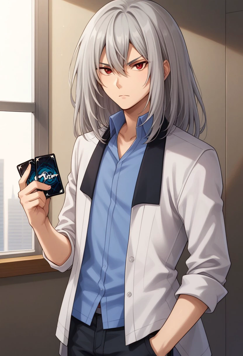 score_9, score_8_up, score_7_up, source_anime, highly detailed, 
koujibu, 1boy, male focus, solo, grey hair, long hair, red eyes, blue shirt, jacket, white jacket, open jacket, open clothes, sleeves rolled up, pants, black pants, upper body, card, hold, holding card, serious, looking at viewer,
indoor,