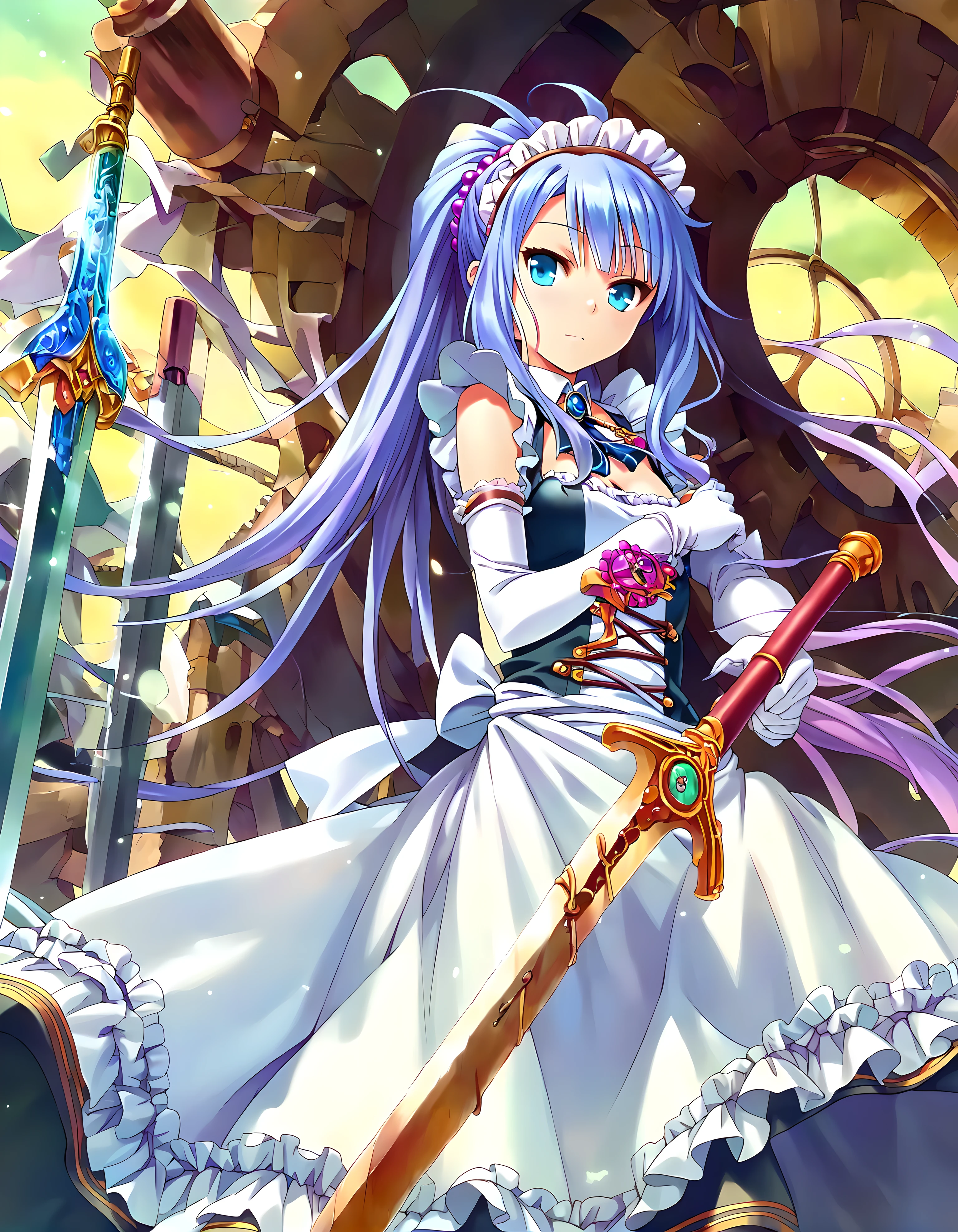 <lora:pony_xl_ubw:0.9>,score_9,score_8_up,score_7_up,source_anime,<lora:pony_xl_Priscilla:0.9>,Priscilla,maid headdress,maid,gloves,apron,white gloves,elbow gloves,gears,weapon,sword,planted,planted sword,sky,nature,hills,