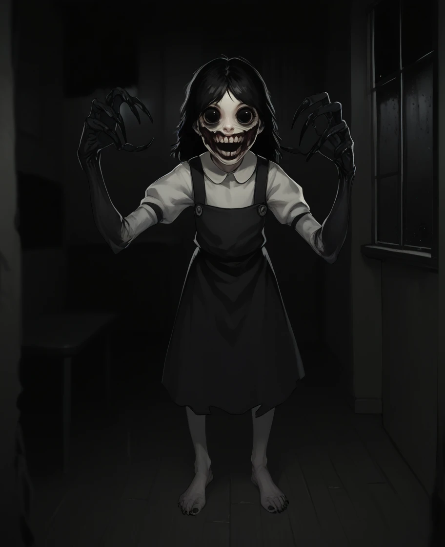 score_9,score_8_up,score_7_up,score_6_up,
agathaxl,black hair,black eyes,laughing,
pinafore dress,barefoot,black claws,black hands,
horror \(theme\),   looking at viewer,  
school,dark corners,night,indoors,
<lora:agathaxl:1>,