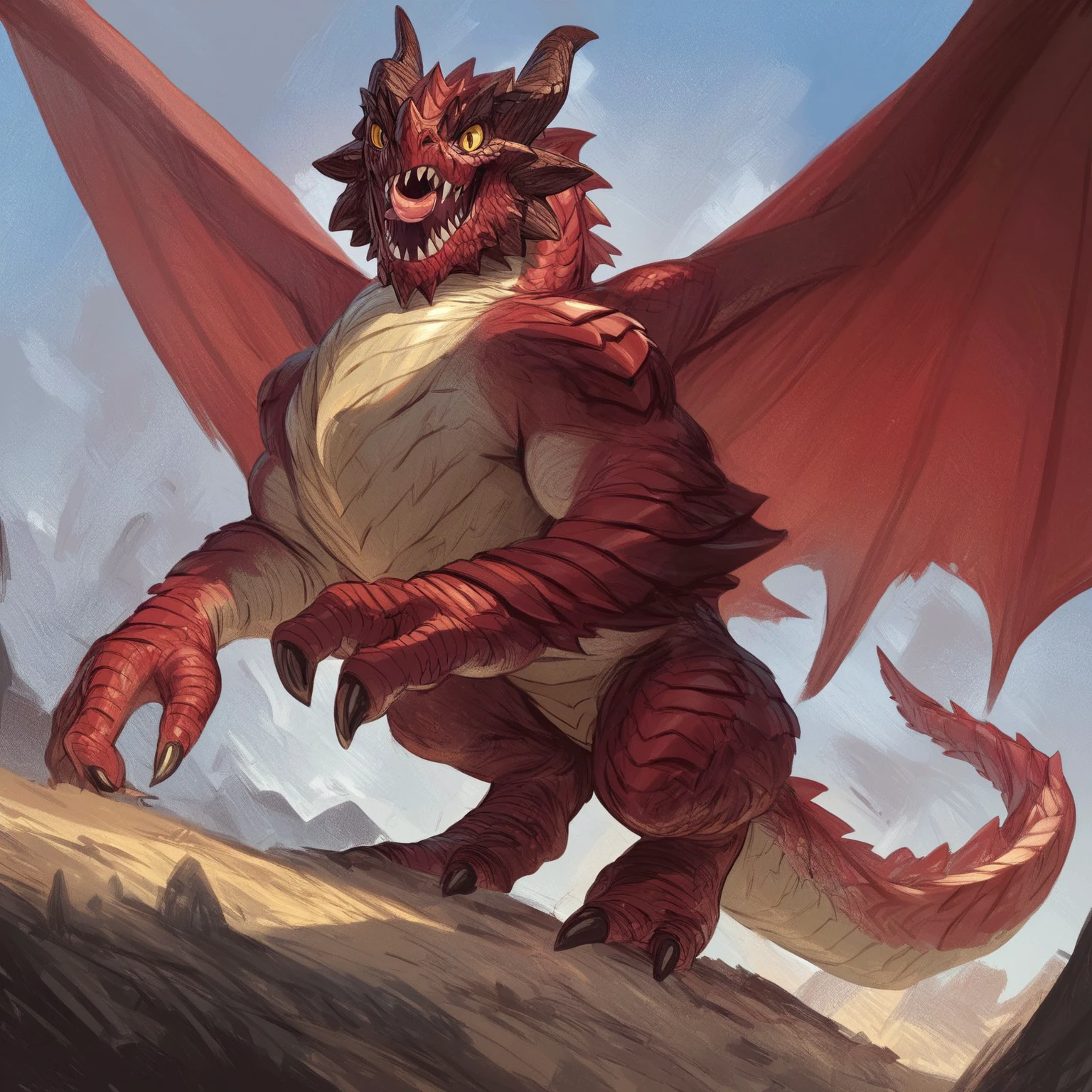 Red dradon ,dnd_dragon no humans wings dragon horns tail cloud scales monster sharp teeth claws teeth sky open mouth giant mountain yellow eyes solo spikes score_9 score_8_up score_7_up score_6_up score_5_up score_4_up no humans