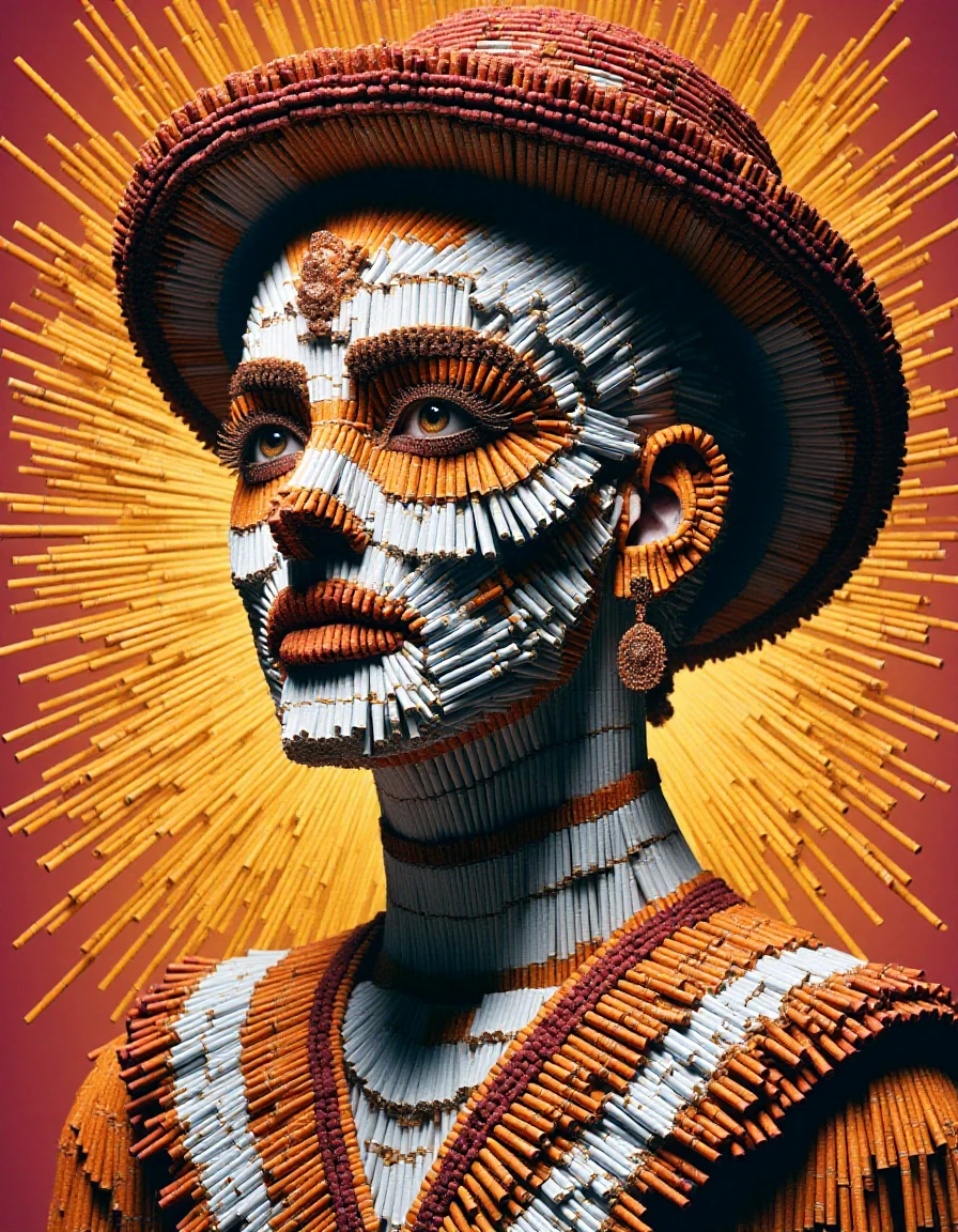 ral-cigarette, Pop Art, Macanese Female Matador, vivid colors, flat color, 2D, strong lines, Pop Art, <lora:ral-cigarette-flux:1.4>, intricate, professional creative, dynamic, striking, magical, original, inspired, sublime, dynamic dramatic beautiful full taking