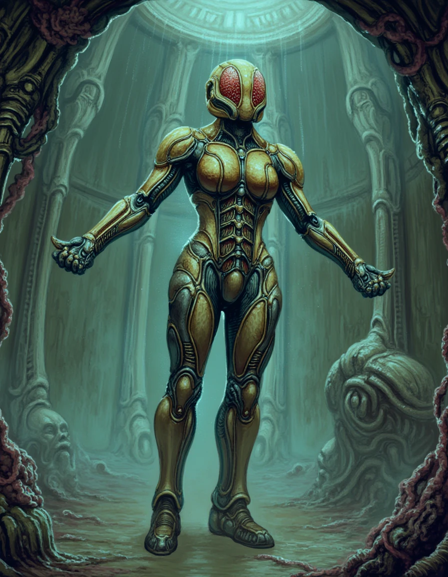 sc0rn, In a highly detailed digital painting, Samus Aran stands resolutely in a dynamic pose, clad in her iconic power suit that has been transformed into a mesmerizing blend of technology and organic life. Her helmet, sleek and aerodynamic, features intricate patterns of iridescent colors that ripple like the surface of a tranquil lake, hinting at its living essence. The armor itself seems to breathe, with segments of the suit undulating softly, revealing hints of pulsating bioluminescent veins that evoke a sense of both power and allure. 

The surrounding biomechanical environment is a stark contrast to traditional machinery; it's a symbiotic landscape where metal merges seamlessly with organic structures. Towering forms of metal exoskeletons entwined with alien flora stretch towards the surreal ceiling, which shimmers with a soft, pulsating glow. Strange, otherworldly plant life wraps around the metallic walls, casting flickering shadows that dance in rhythm with unseen energies.

The color palette is rich and vibrant, with deep emerald greens and luminescent blues blending harmoniously, while the air is thick with a heady, sweet scent reminiscent of blooming exotic flowers and damp earth. Hints of electric crackle echo softly in the background, creating a vivid atmosphere of anticipation and intensity.

Samus's stance is powerful yet subtly confident, as a faint shimmer of energy crackles around her gauntlets, emphasizing her readiness for battle. The overall composition exudes a seductive tension, blending strength with vulnerability in an environment that feels alive, teeming with both potential and danger, as though the suit and the surroundings are in an intimate dance with her very spirit.