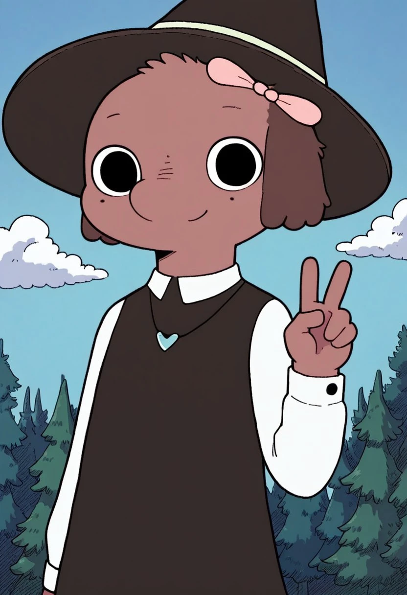 score_9_up, score_8_up, score_7_up, 1girl, solo, 4lice, brown hair, furry female, hair bow, necklace, witch hat, black dress, white sleeves, sleeve cuffs, looking at viewer, cowboy shot, looking at viewer, smile, peace sign, outdoors, forest, blue sky, clouds