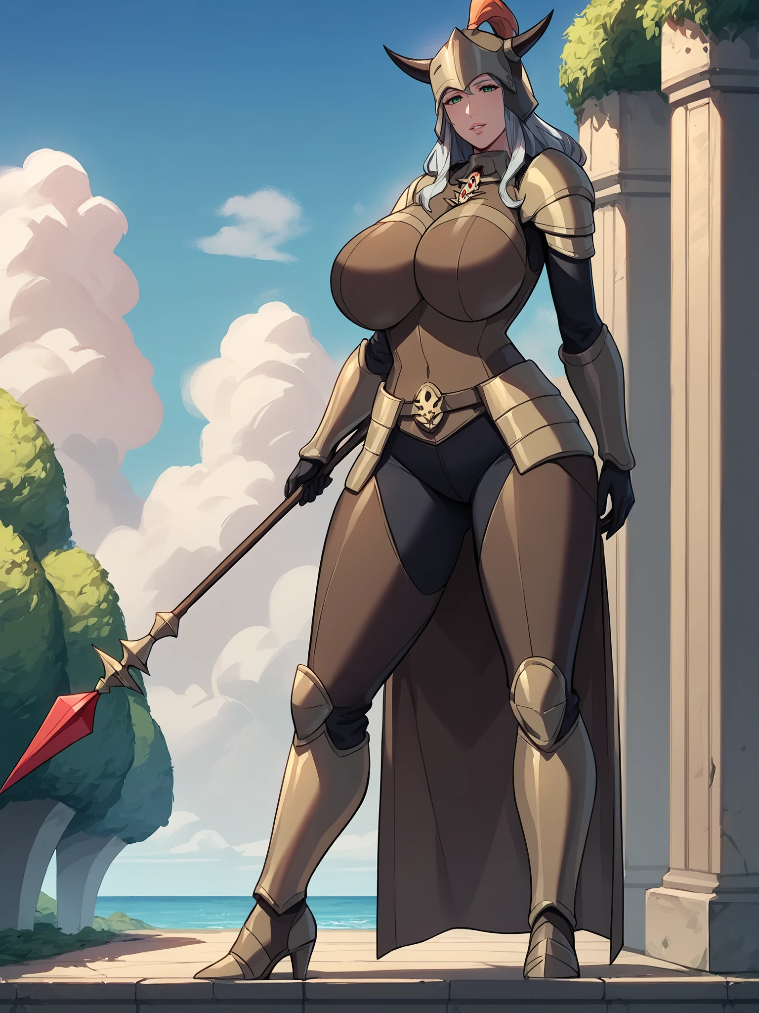 score_9, score_8_up, score_7_up, score_6_up, uncensored, source_anime,
Vanessa Cromwell, standing, holding spear, planted spear, full body, polearm, 
1girl, mature female, solo, cowboy shot,
looking at viewer, confident, parted lips, head tilt,
grey hair, long hair, green eyes,
horned helmet, armor, pauldrons, vambraces, black gloves, black bodysuit, armored boots,
curvy, huge breasts, thick thighs,
outdoors, day, blue skies, clouds, castle,
<lora:Vanessa Cromwell3216PDXL:1>