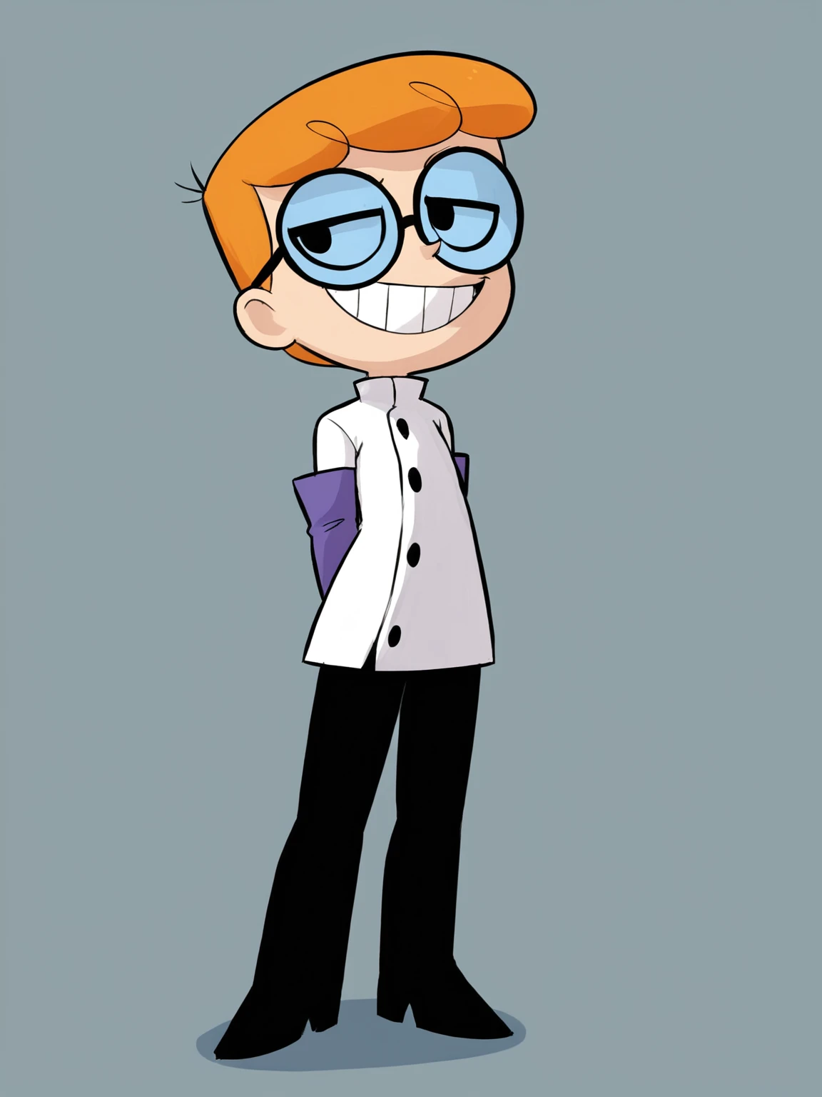 <lora:dexter:0.8>,solo,lab coat,purple_elbow gloves,eyewear,orange hair,dexter,black pants,round eyewear,arms behind back, grin