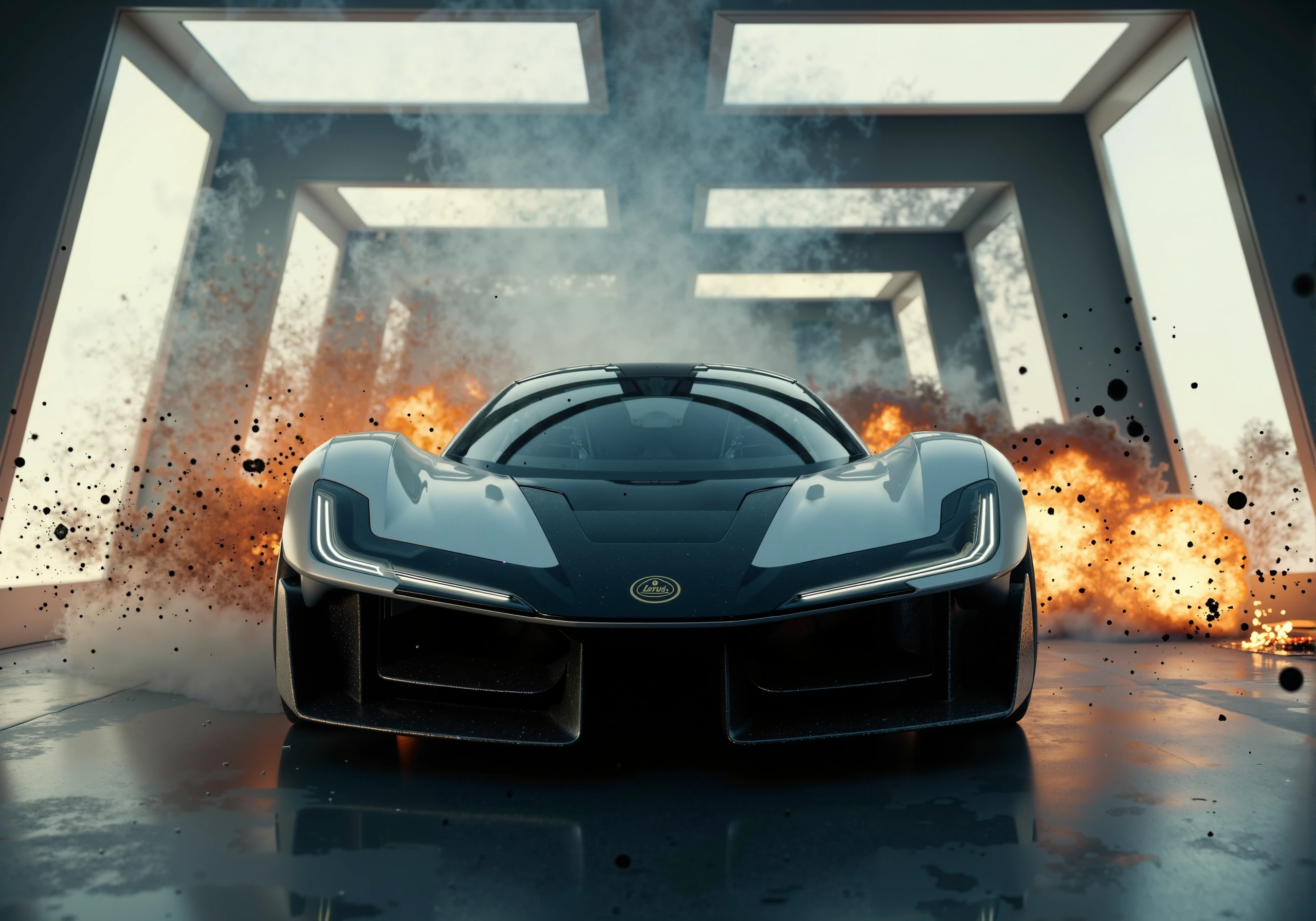 a futuristic, tunnel-like room, the Lotus Theory is showcased from a low-angle perspective, surrounded by glowing rectangular frames that cast a soft, clean light on the sleek, black and silver vehicle. The lights create an illusion of depth, drawing attention to the car's aggressive front fascia, dramatic body lines, and multi-spoke alloy wheels. The Lotus emblem on the nose gleams under the structured illumination, highlighting the high-tech, cutting-edge design of the car.

However, cutting into this controlled, futuristic environment is a wild, chaotic scene. From the viewpoint of a dashboard camera, the shot transitions to a vintage BMW speeding through a bustling city intersection. The steering wheel dominates the foreground, gripped tightly by two hands as the car spins out of control. Smoke billows from the tires, debris scatters across the streets, and explosions light up the background as the car careens through traffic. Glass shatters violently as the vehicle collides with street signs and obstacles, adding to the chaotic scene. The contrast between the sleek Lotus Theory in its pristine, controlled environment and the wild, uncontrolled chaos of the car crash in the city creates a striking visual dichotomy.

The framing of the Lotus Theory in the glowing, tunnel-like structure suggests calm, power, and control, while the chaotic crash scene brings a raw, gritty energy. Smoke and debris from the crashing BMW seem to bleed into the space of the Lotus Theory, almost as if the two worlds are colliding—futuristic luxury meeting the violent unpredictability of urban life.

The combination of these elements—clean, futuristic design, and chaotic city action—creates a visually intense, cinematic narrative, balancing the sleek perfection of the Lotus Theory with the destructive energy of a car spiraling out of control in a busy urban setting.