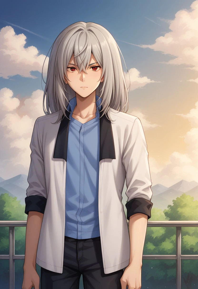 score_9, score_8_up, score_7_up, source_anime, highly detailed, 
koujibu, 1boy, male focus, solo, grey hair, long hair, red eyes, blue shirt, jacket, white jacket, open jacket, open clothes, sleeves rolled up, pants, black pants, upper body,
outdoor, sky, tree, cloud,