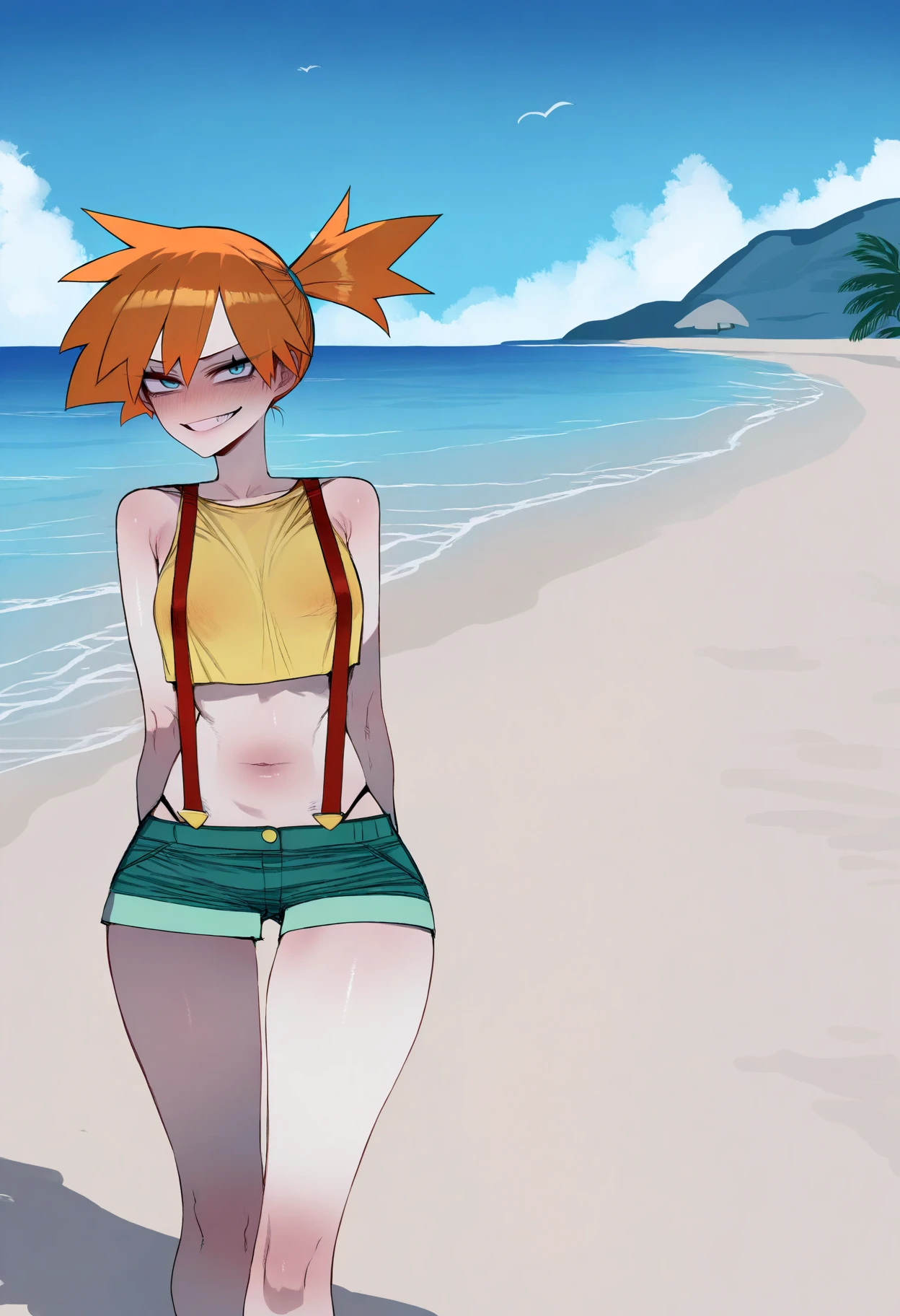 ((masterpiece,best quality)), absurdres,
Misty_Pokemon, yellow crop top, suspenders, side ponytail, orange hair, denim shorts,
solo, smiling, blushing, looking at viewer, cowboy shot, from behind,
cinematic composition, contrapposto,
tropical beach,