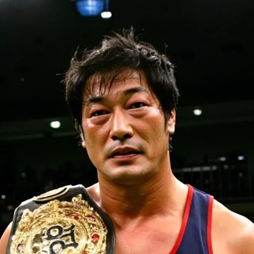 over his shoulder., middle-aged KentaKobashi man standing in a wrestling ring. He has a medium build, slicked back with sweat., capturing a wrestler standing confidently at the center. The wrestler is a muscular KentaKobashi man with a medium build and short, dark hair and a serious expression. He is dressed in a simple