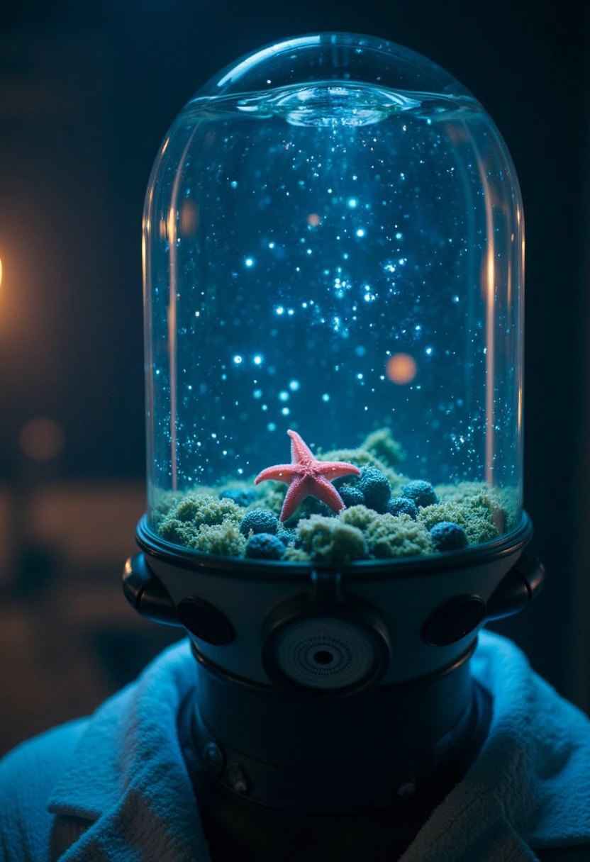 Upper Body Shot of a busty fishtank-head By night, high collar bathrobe, with a fishtank as head with a SWarm of many Neon luminous little stars and a Link starfish floating in a miniature universe in it throwing a beautiful volumetric light, closeup, nebula, 
atmospheric haze, Film grain, cinematic film still, shallow depth of field, highly detailed, moody, epic, photorealistic, atmospheric lighting, billowing cloud backdrop with volumetric lighting from within ,