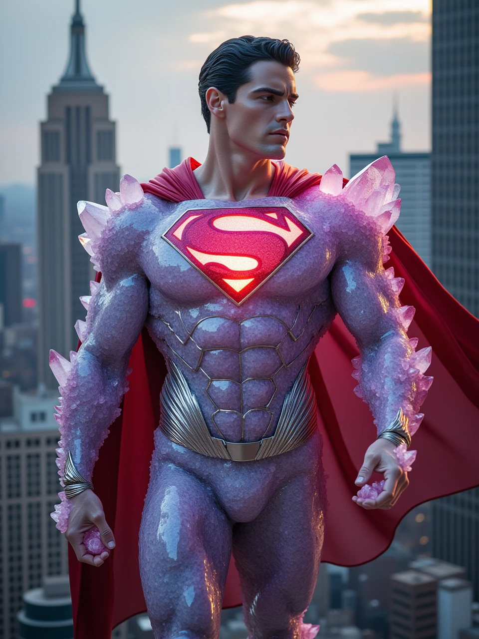 the superman of DC is crystallized armor,flying over the city