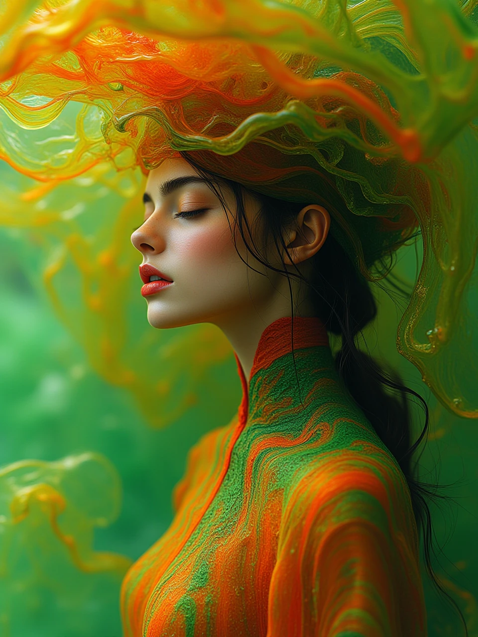 acid-g-style,a beautiful woman,psychedelic colour of green and  red and yellow,flow reflection, 