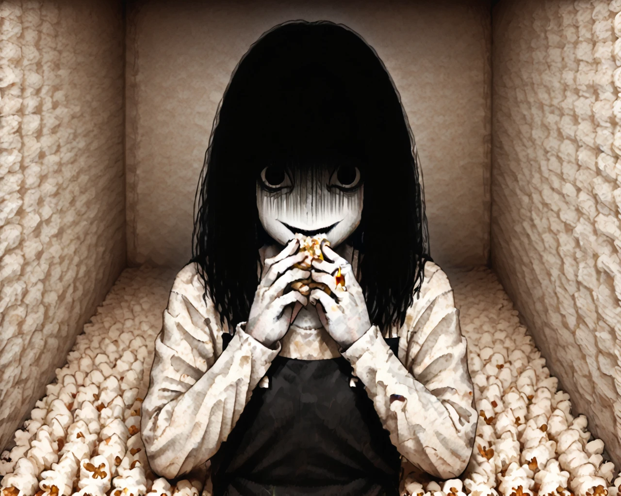 <lora:Tamoru:1> nataonna, 1girl, solo, long hair, black hair, shaded face, black apron, horror (theme)
 <lora:Popcorn_World_Morph_Pony_XL:1> popcorn, food focus