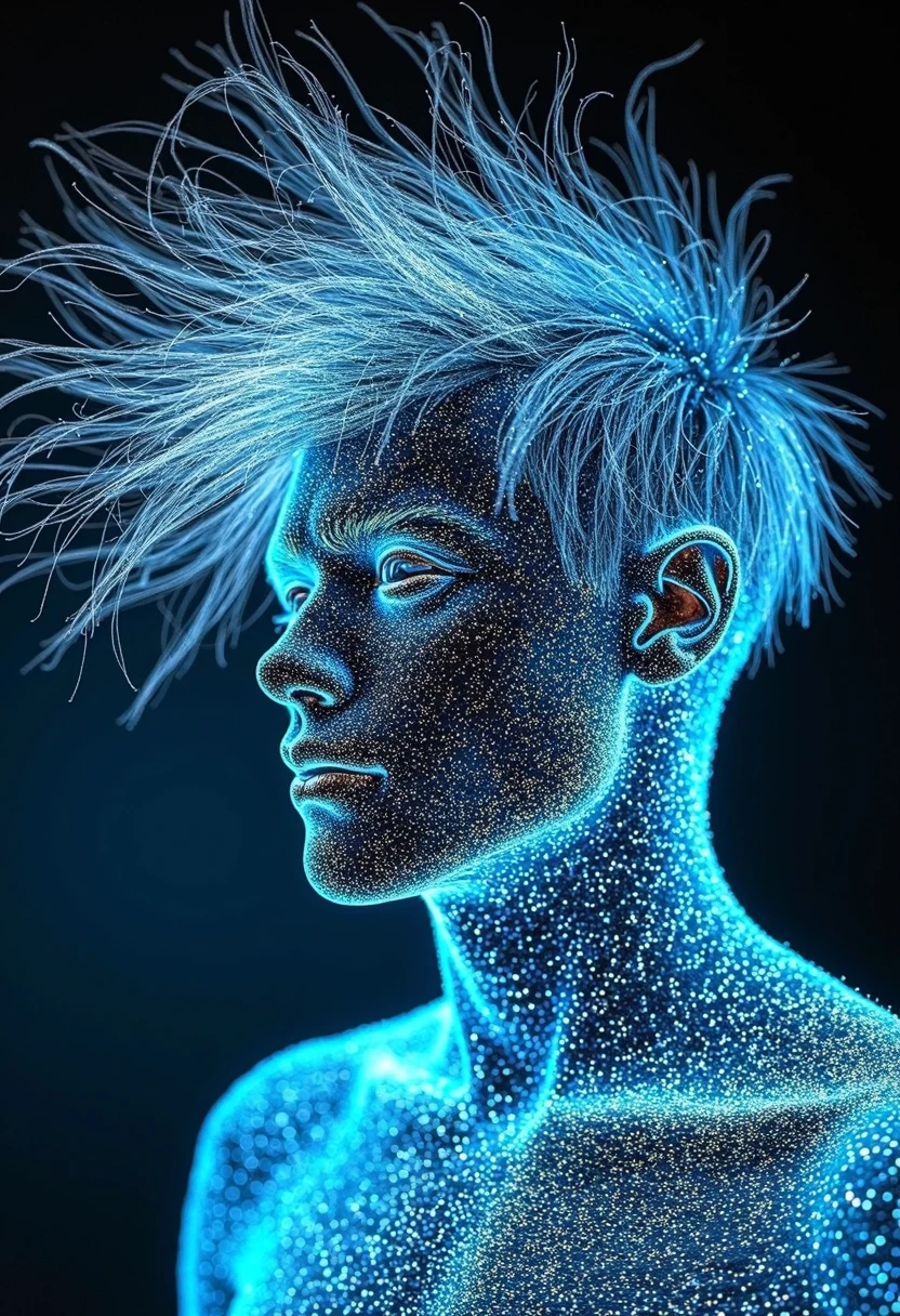 man completely covered in luminescent fiber-optic hairs in an environment that seems to be made of electrical circuits